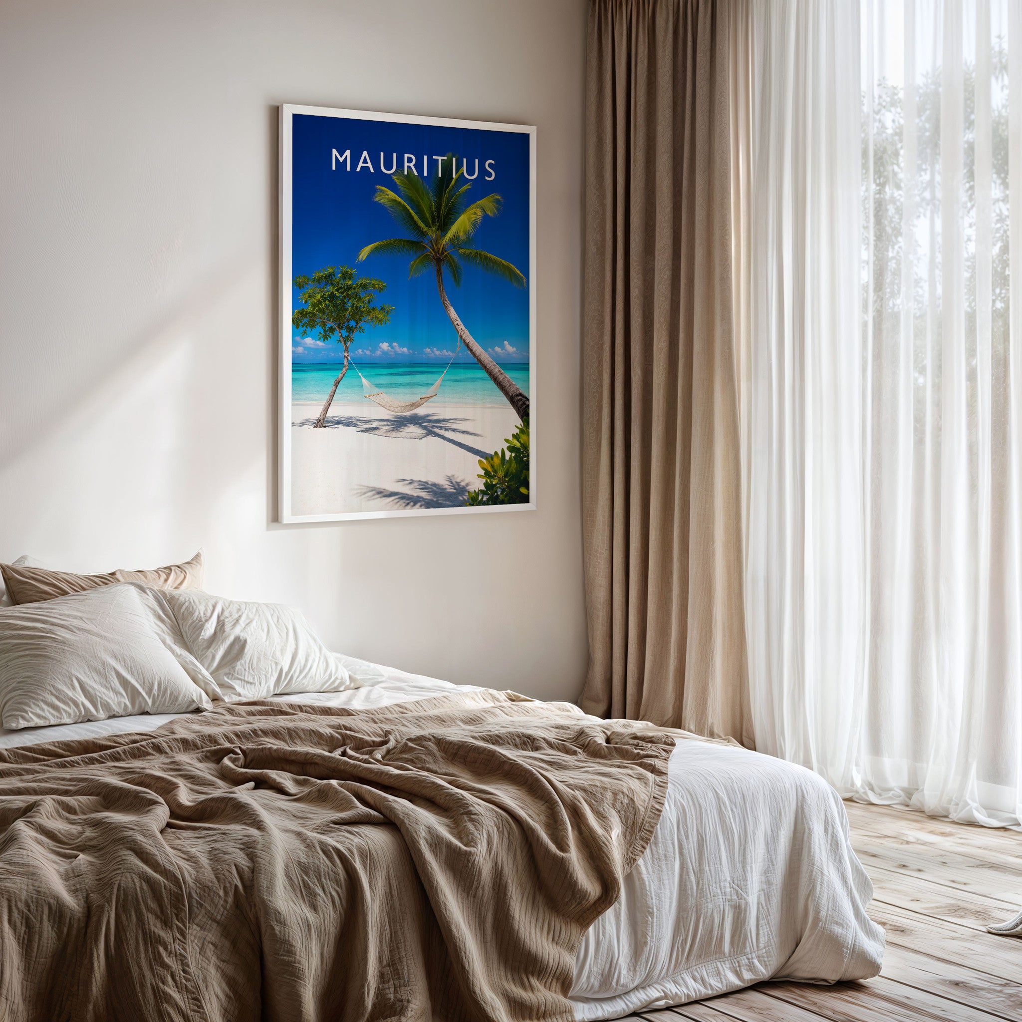 Mauritius Travel Poster framed on a bedroom wall