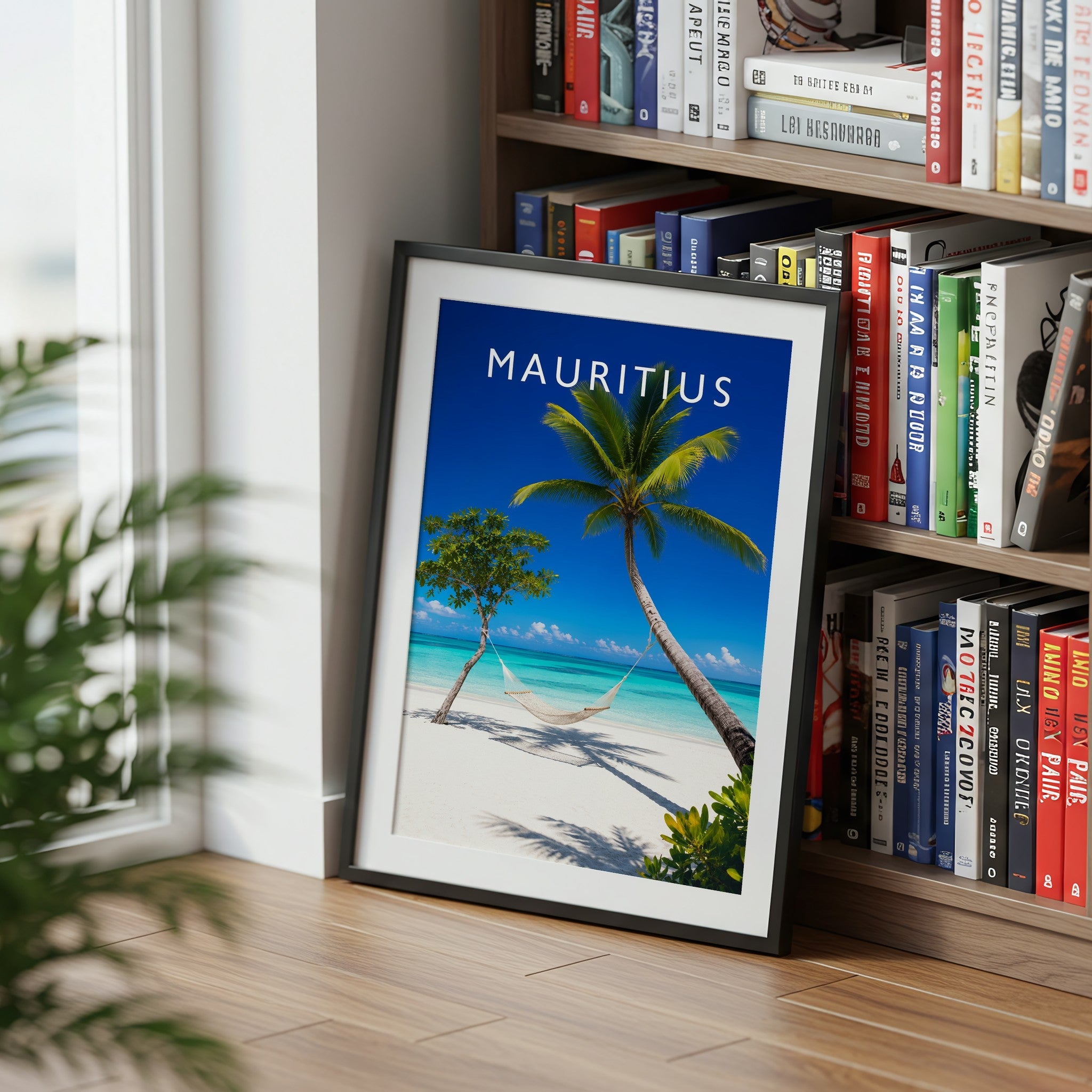 Mauritius Travel Poster mounted in a black frame