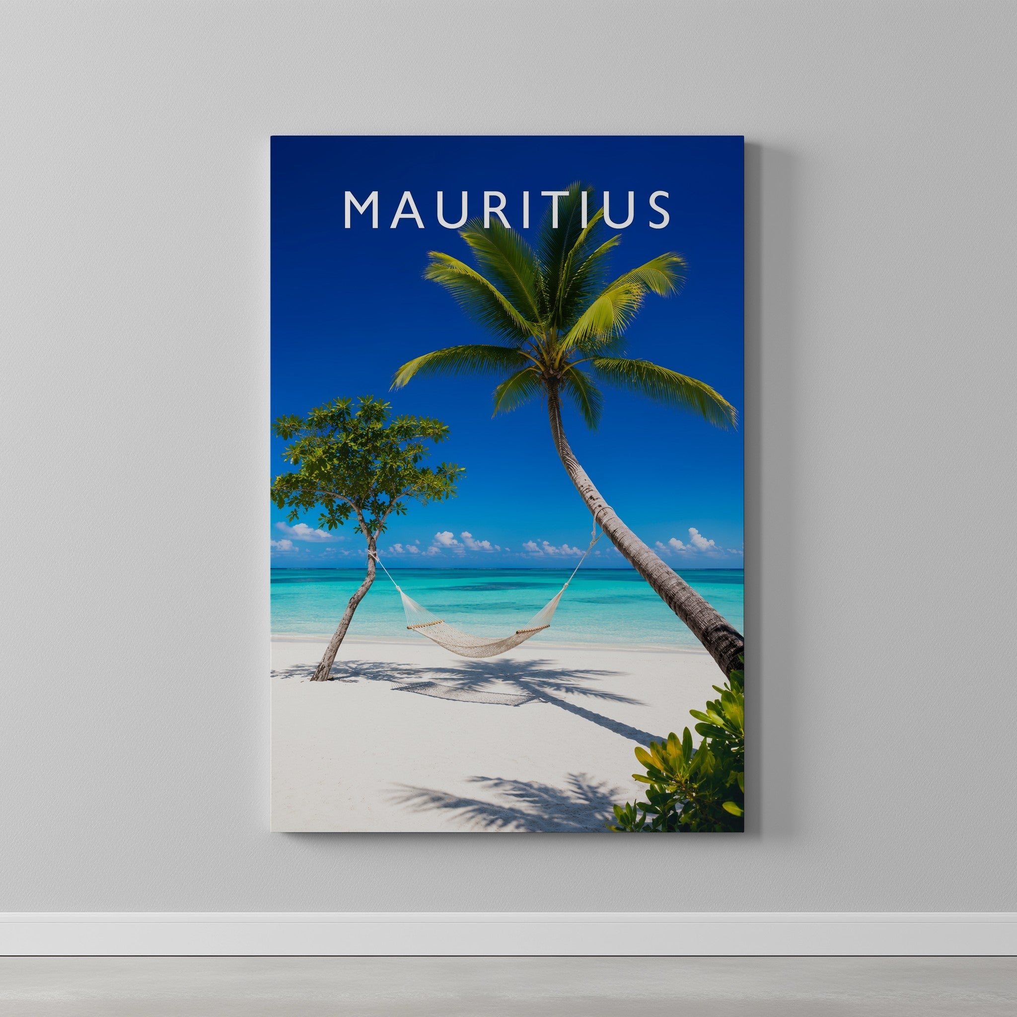 Mauritius Travel Poster as a gallery-wrapped canvas on a plain wall