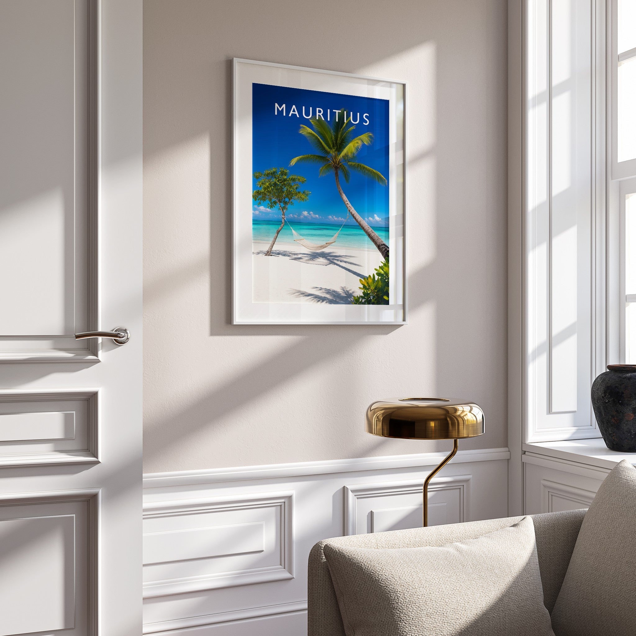 Mauritius Travel Poster mounted in a white frame
