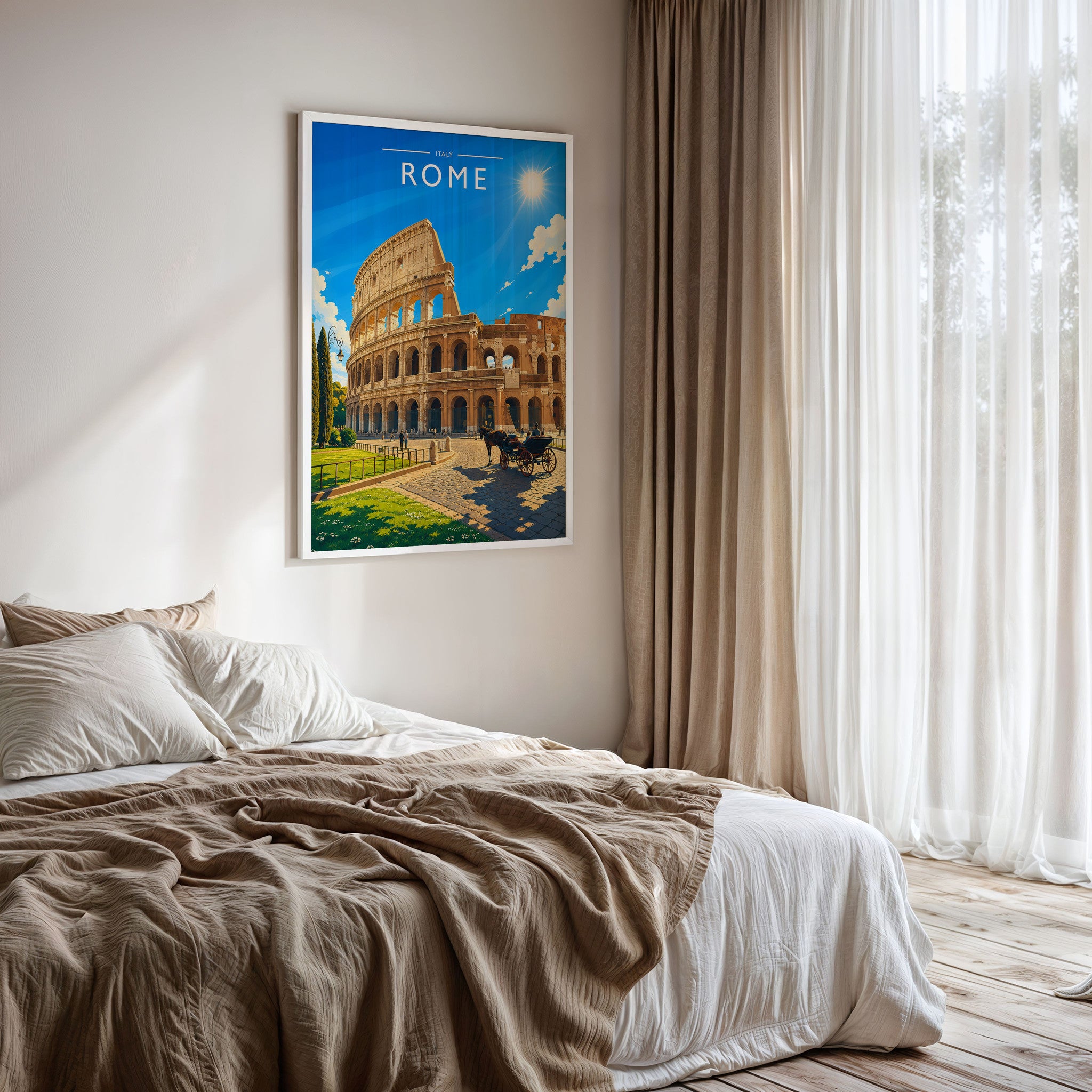 Rome Travel Poster framed on a bedroom wall