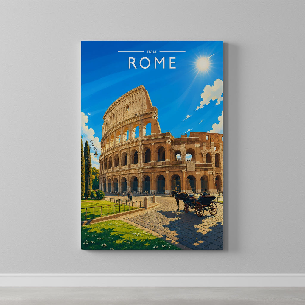 Rome Travel Poster as a gallery-wrapped canvas on a plain wall