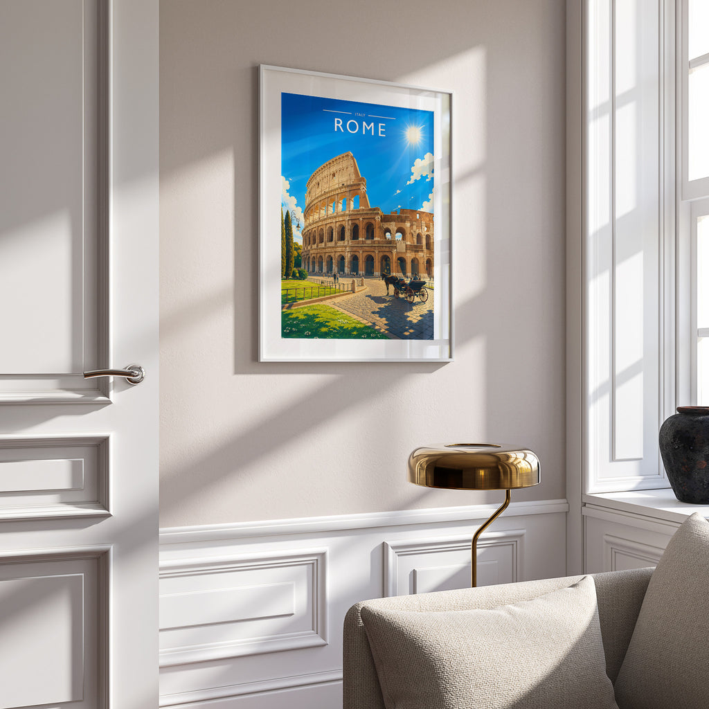 Rome Travel Poster in a white frame on a panelled wall