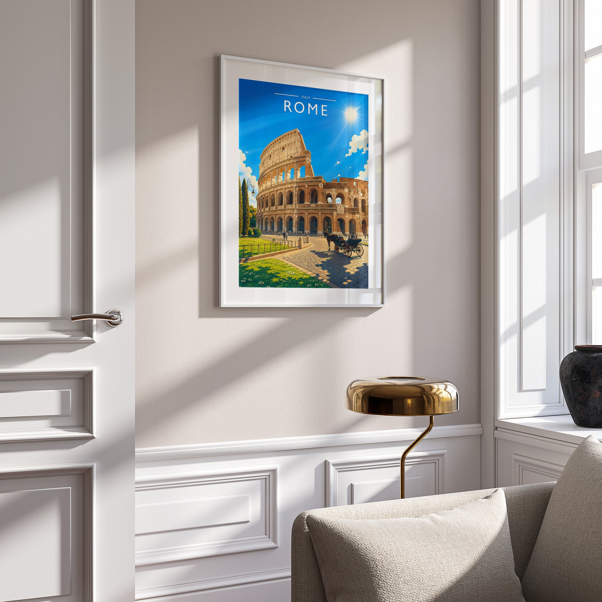 Rome Travel Poster in a white frame on a panelled wall