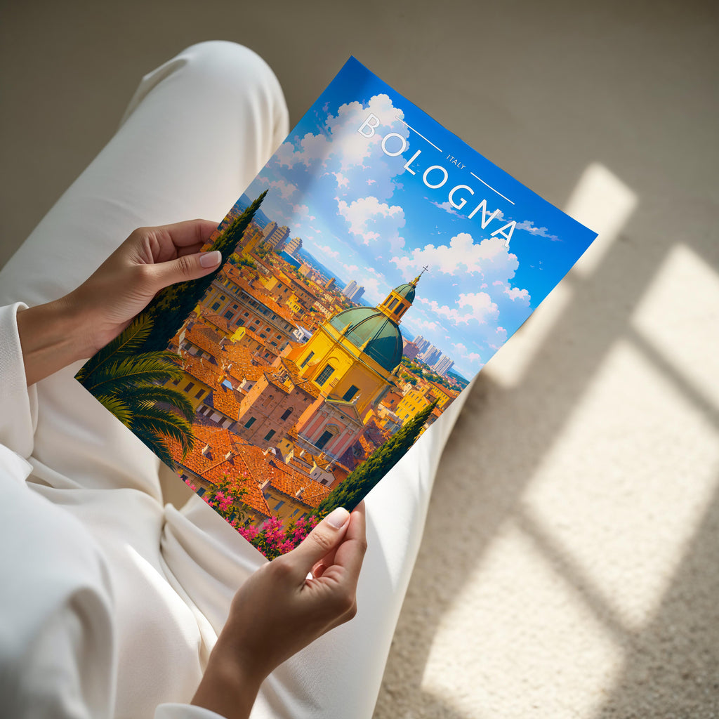 Bologna Travel Poster - A4 print held in hand