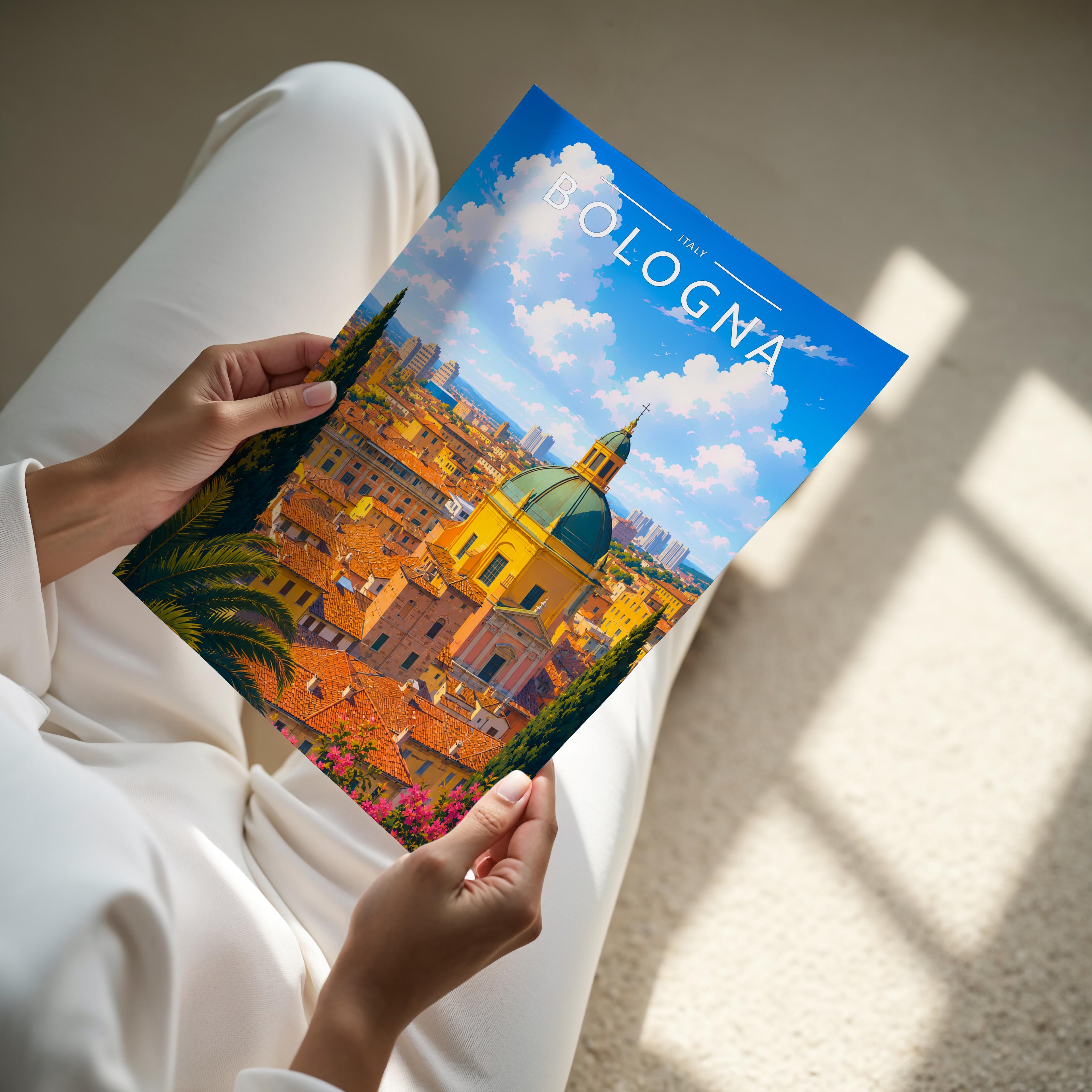 Bologna Travel Poster - A4 print held in hand