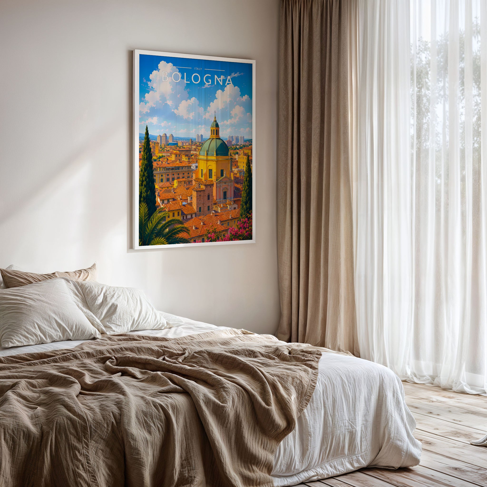 Bologna Travel Poster framed on a bedroom wall