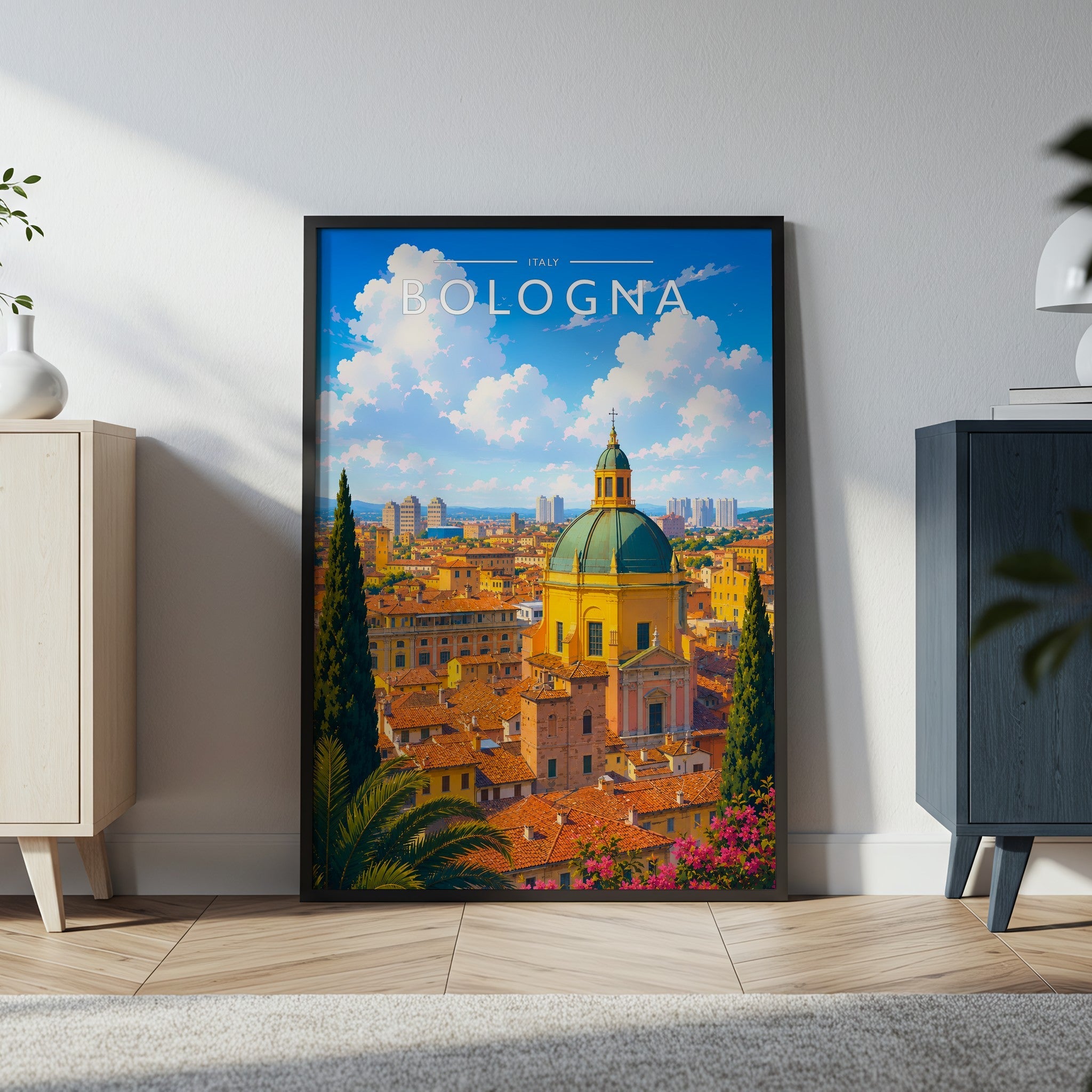 Bologna Travel Poster in a black frame