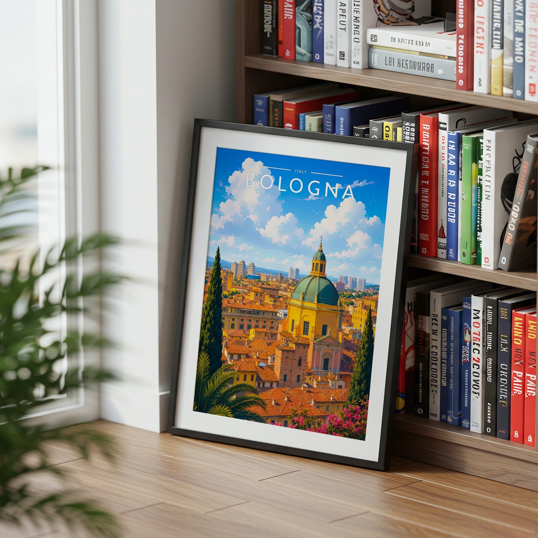 Bologna Travel Poster mounted in a black frame
