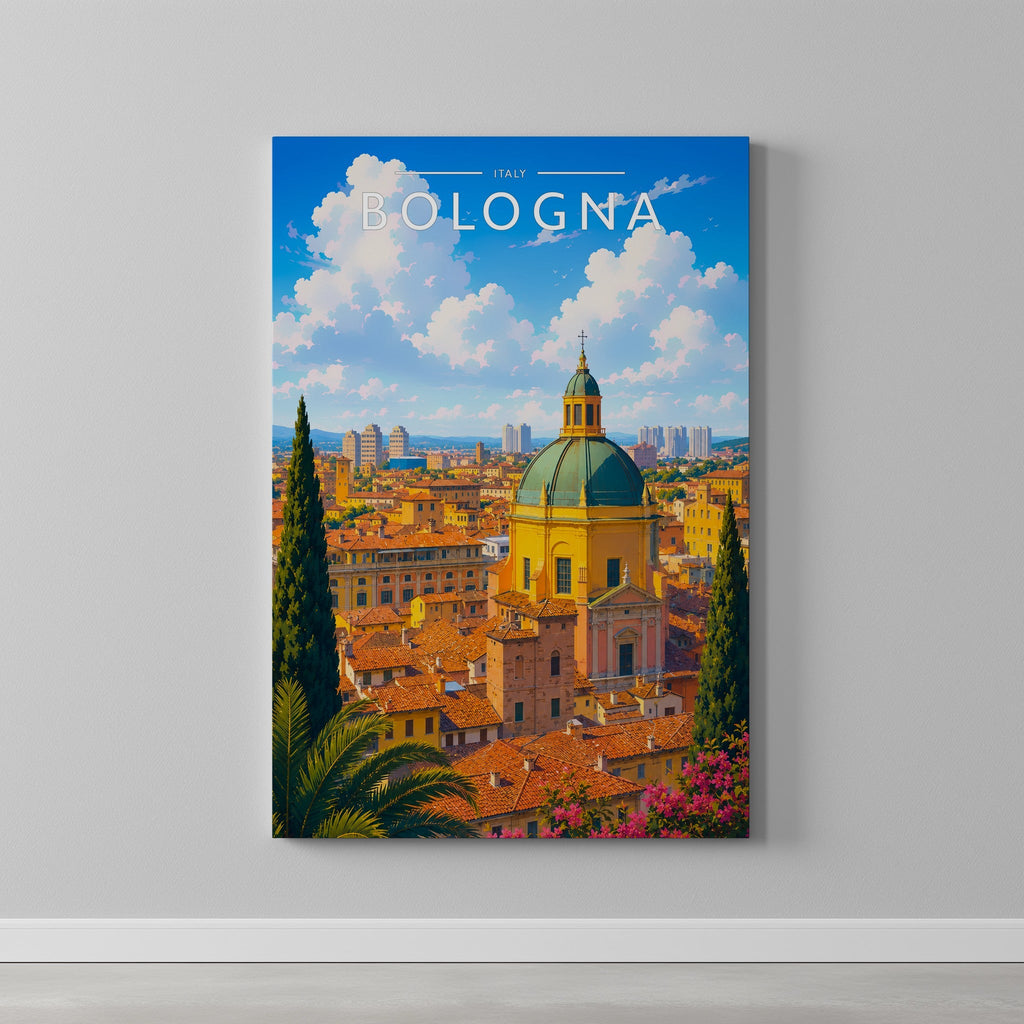 Bologna Travel Poster as a gallery-wrapped canvas on a plain wall