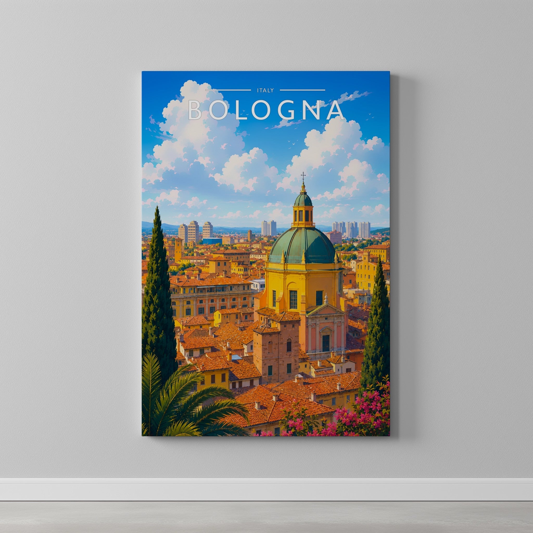 Bologna Travel Poster as a gallery-wrapped canvas on a plain wall