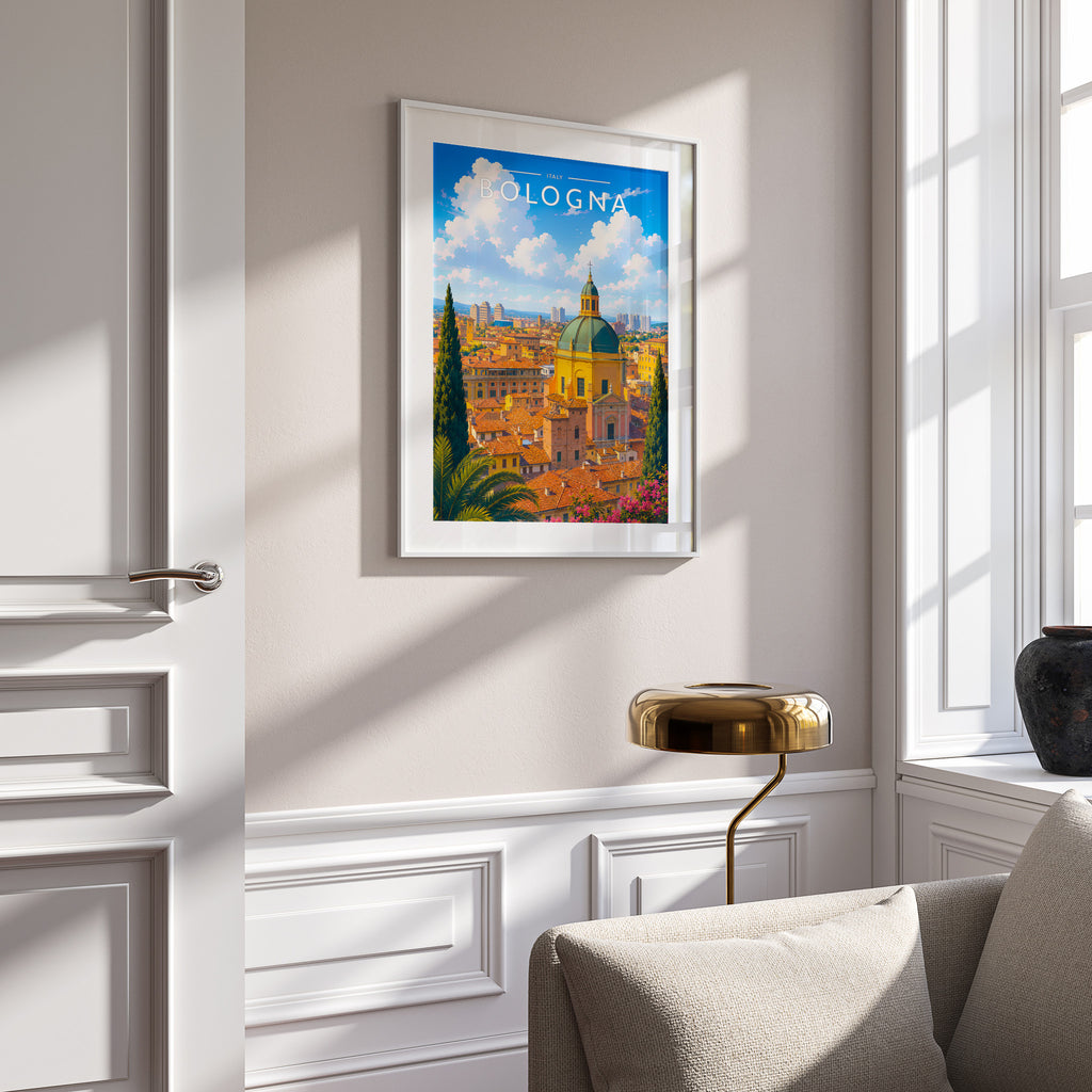 Bologna Travel Poster in a white frame on a panelled wall
