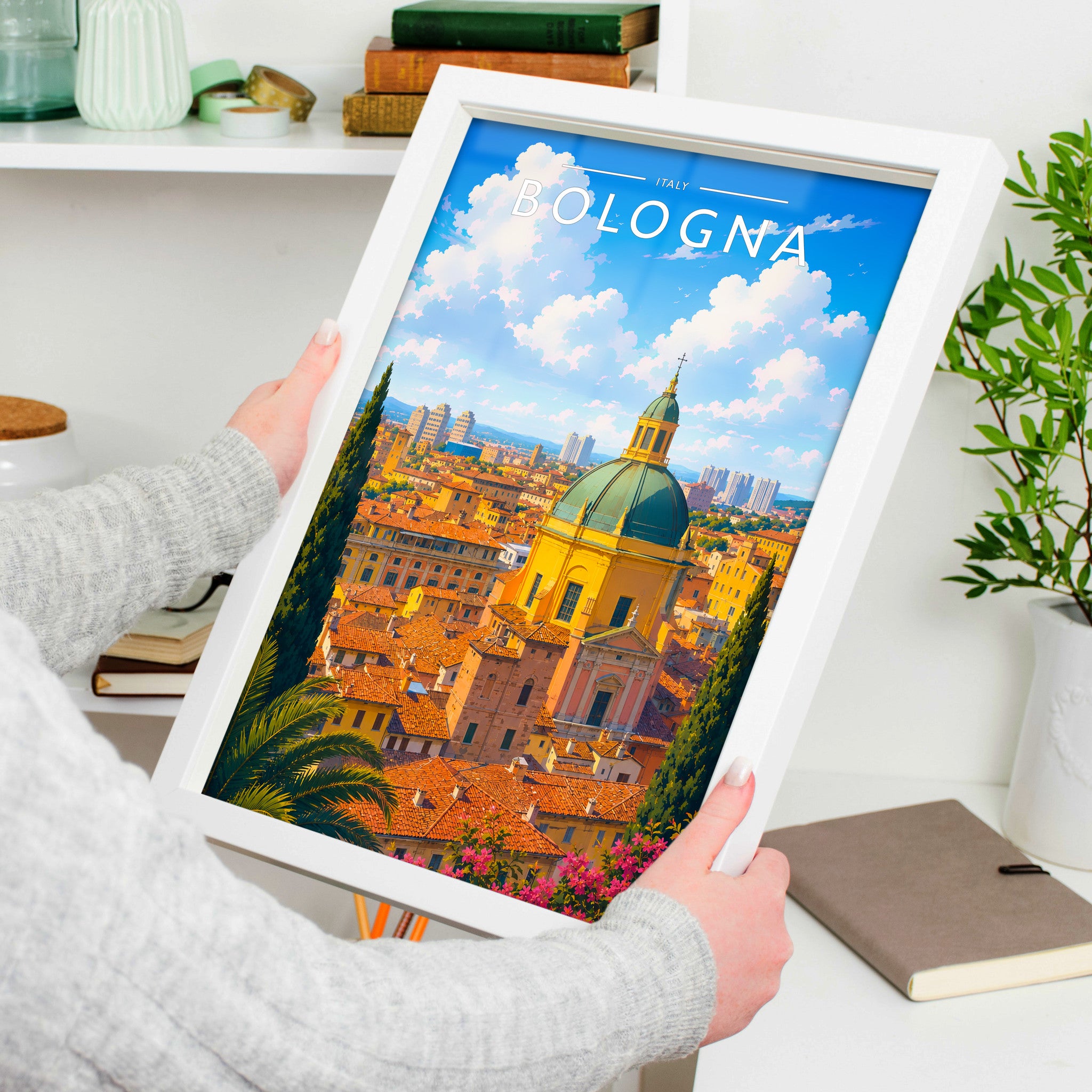 Bologna Travel Poster in a white frame, held to show scale