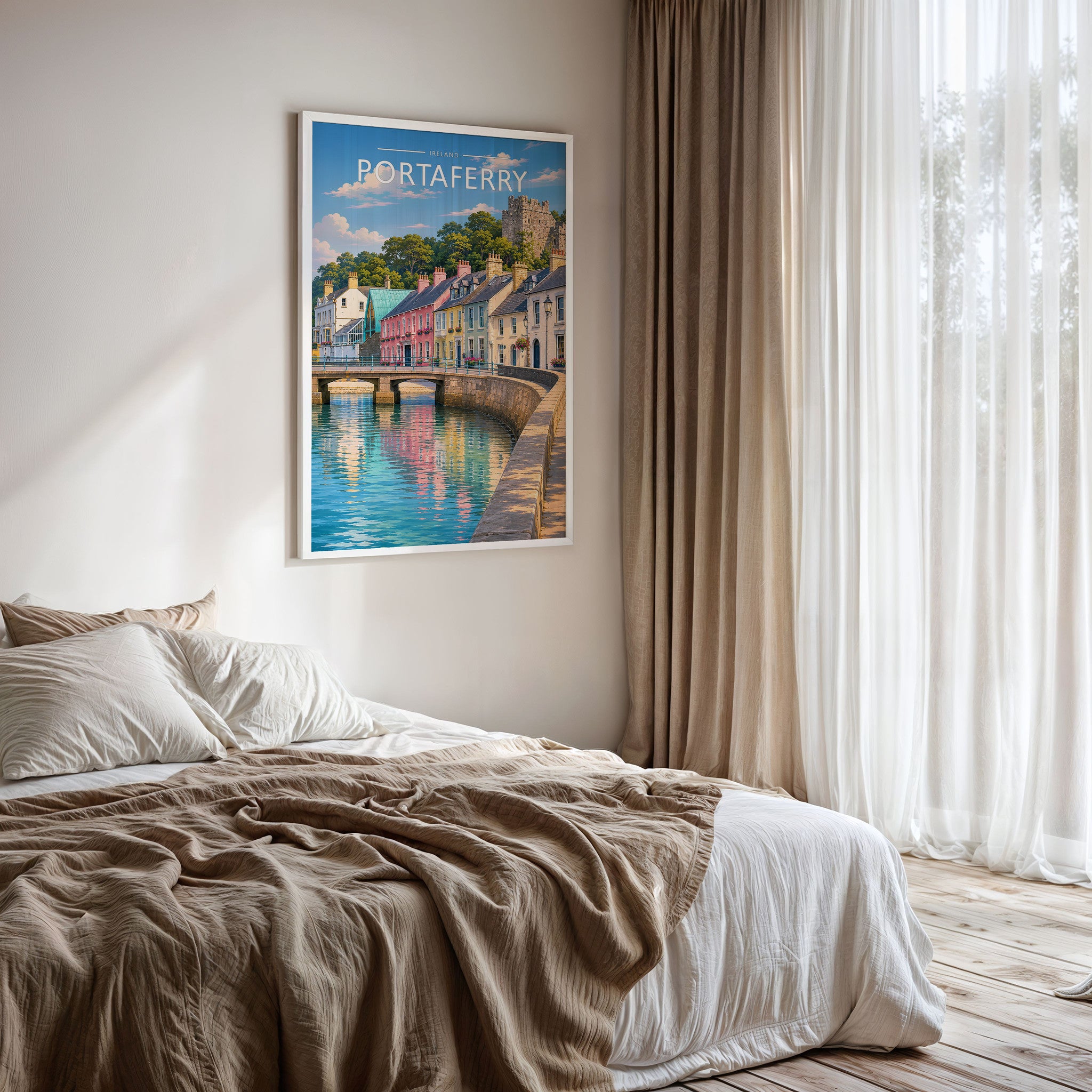 Portaferry Travel Poster framed on a bedroom wall