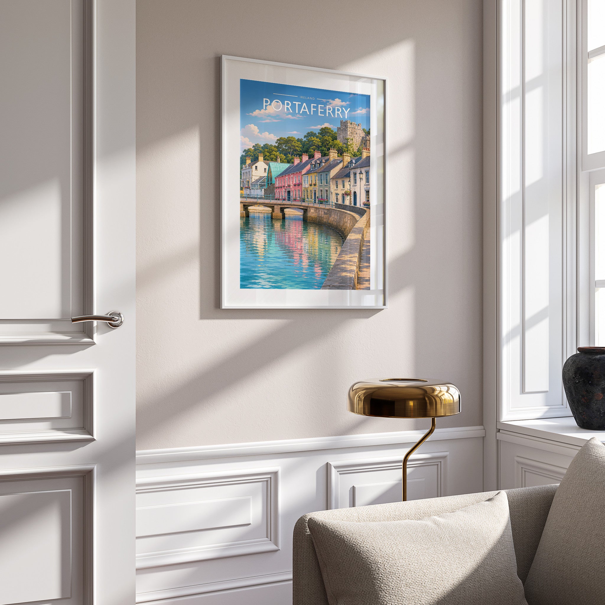 Portaferry Travel Poster in a white frame on a panelled wall