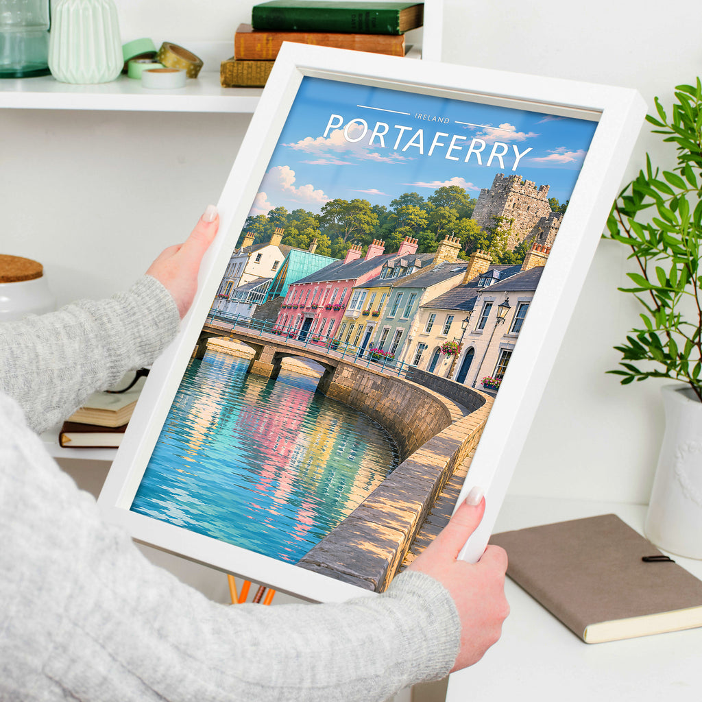 Portaferry Travel Poster in a white frame, held to show scale