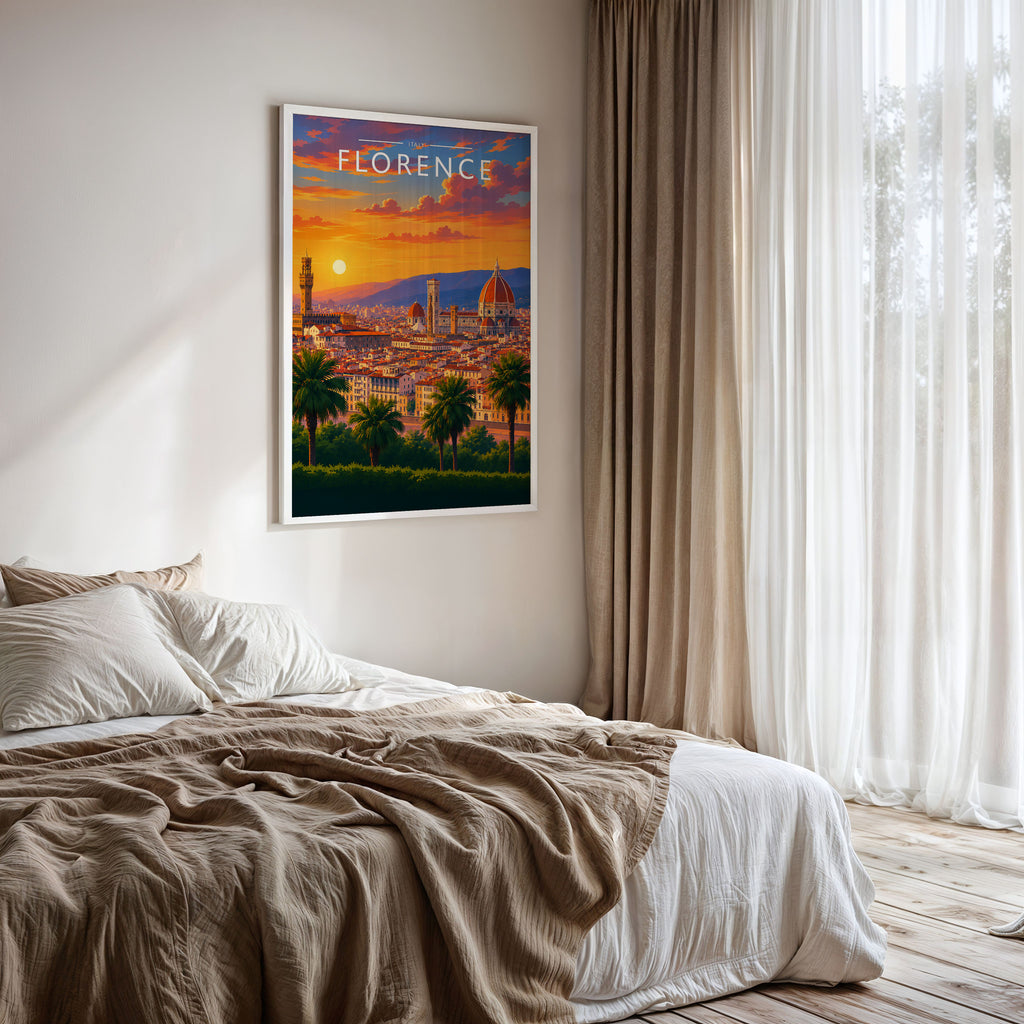 Florence Travel Poster framed on a bedroom wall