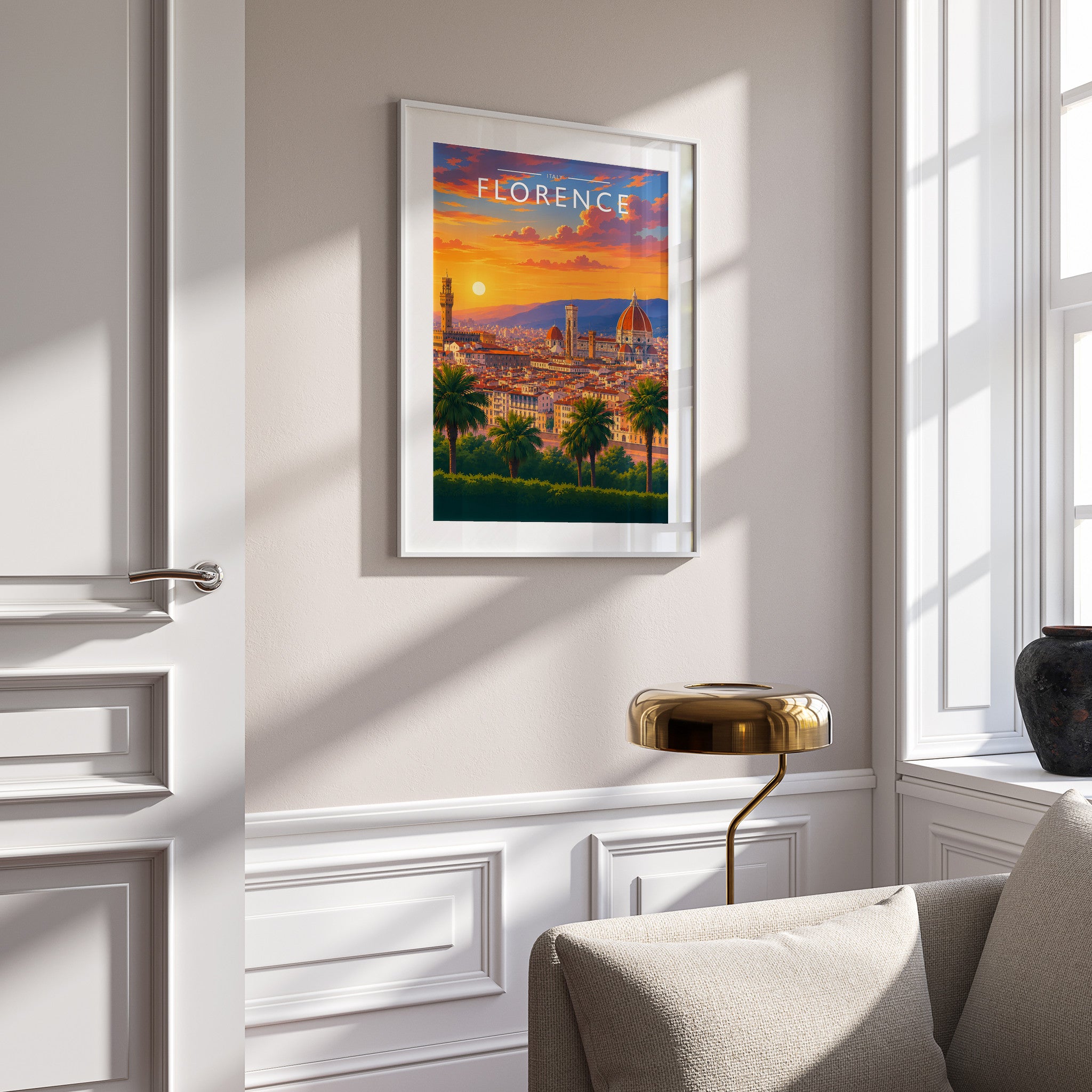 Florence Travel Poster in a white frame on a panelled wall