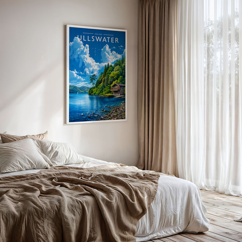 Ullswater #3 Travel Poster framed on a bedroom wall