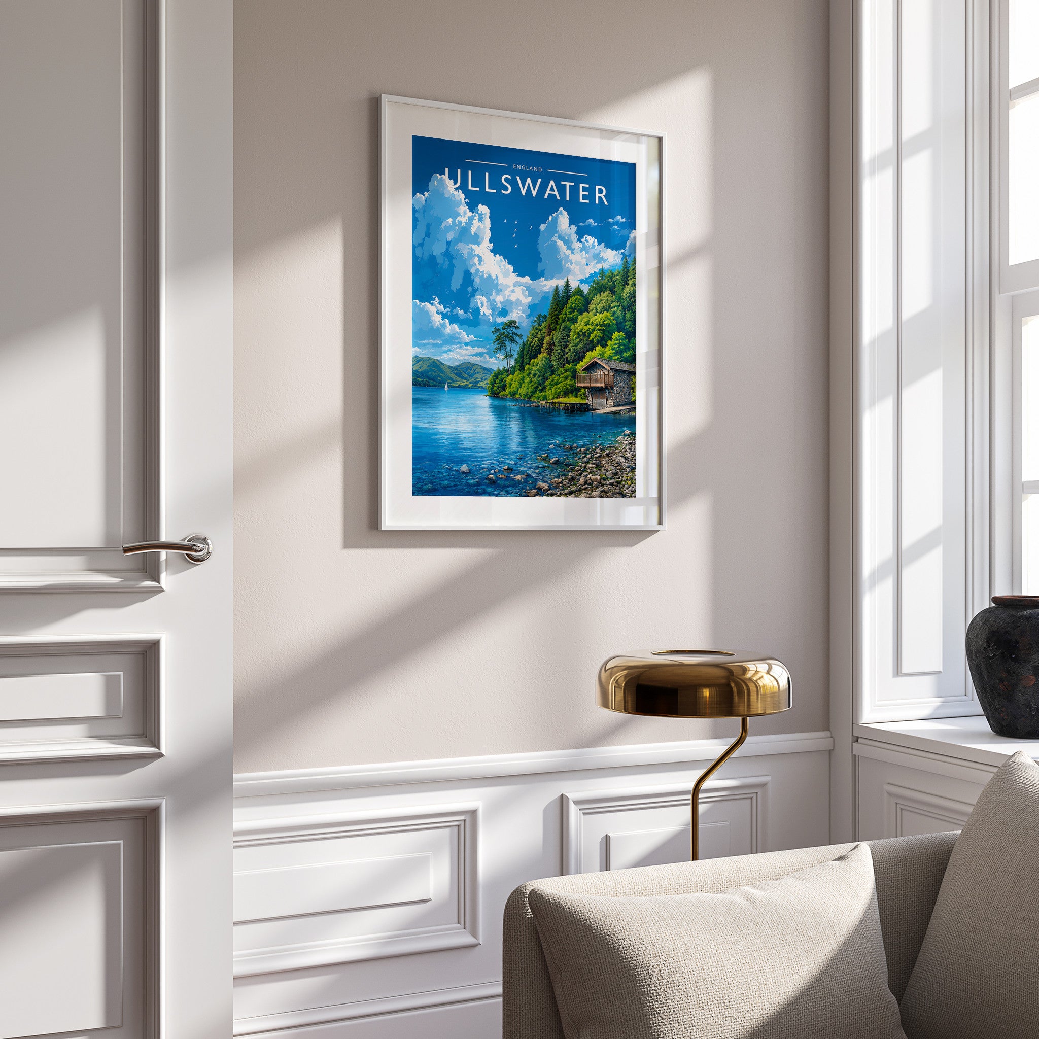 Ullswater #3 Travel Poster in a white frame on a panelled wall