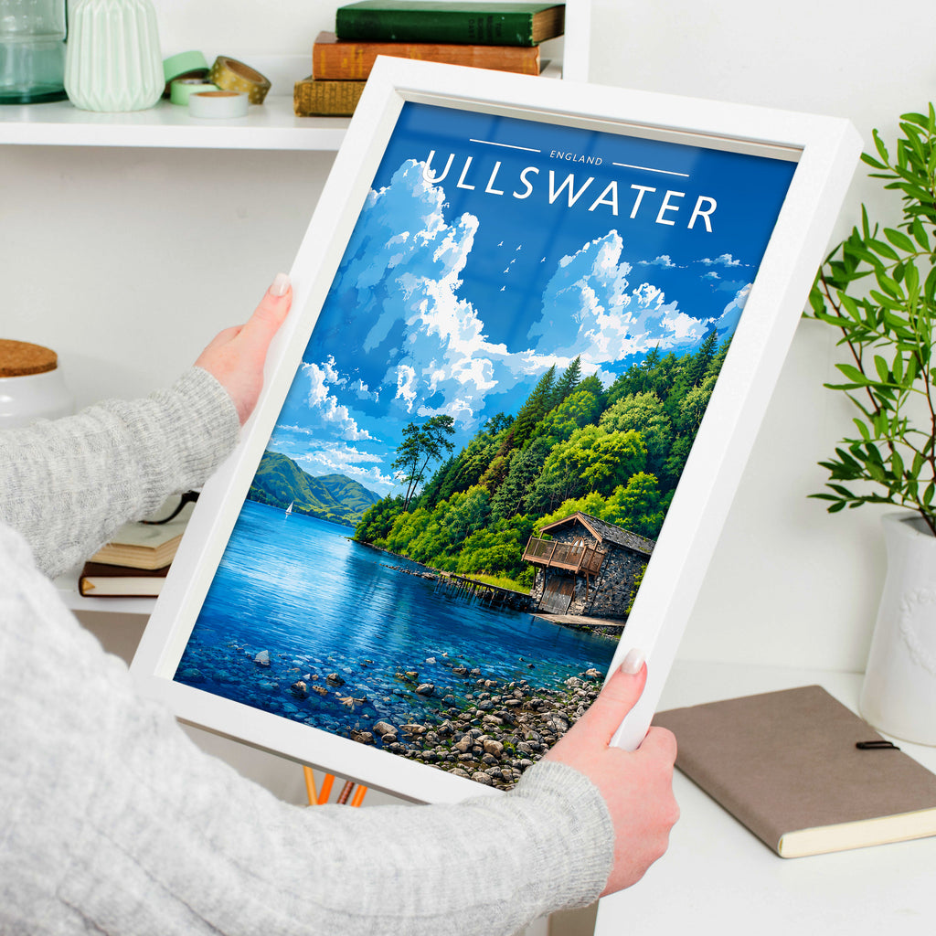 Ullswater #3 Travel Poster in a white frame, held to show scale