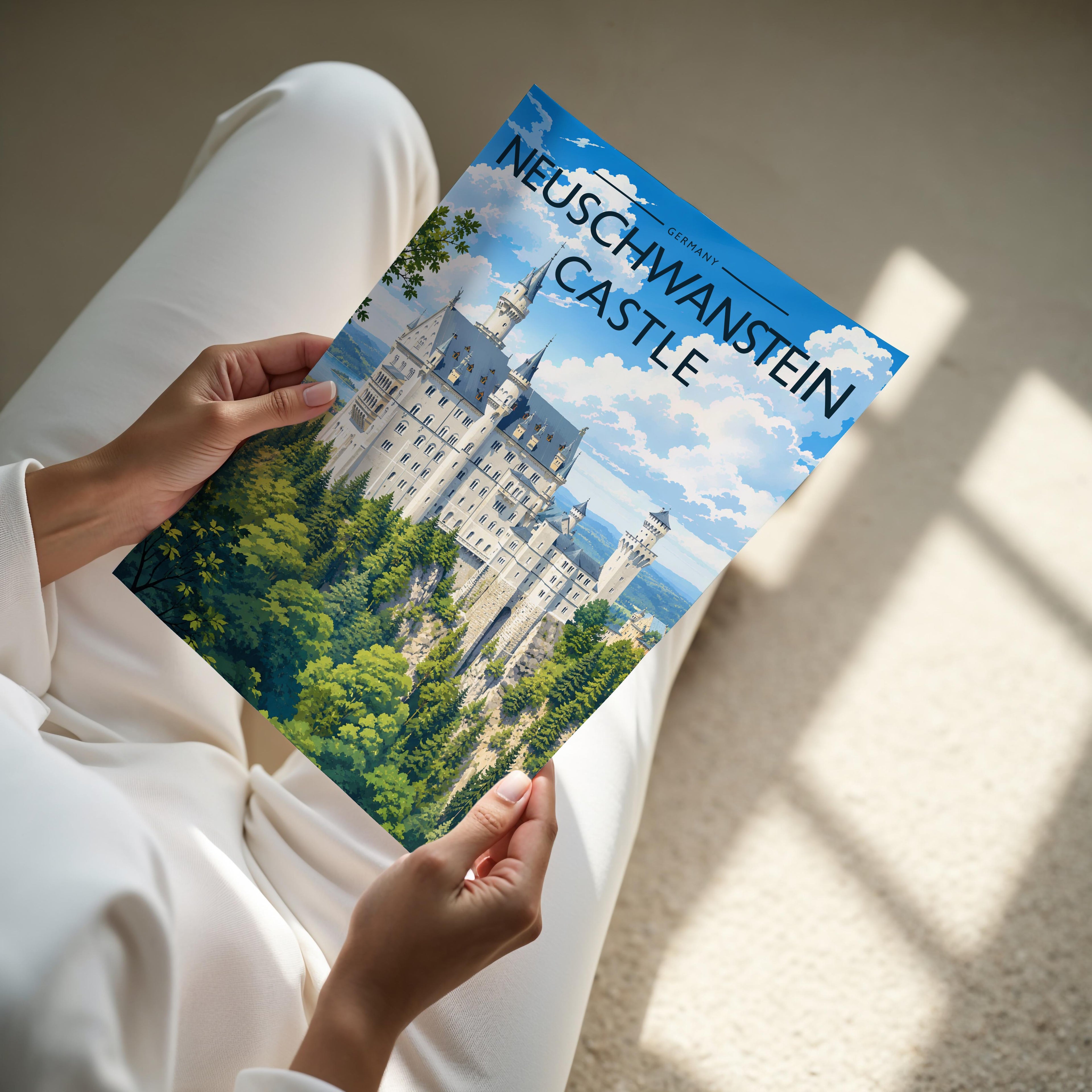 Neuschwanstein Castle Travel Poster - A4 print held in hand