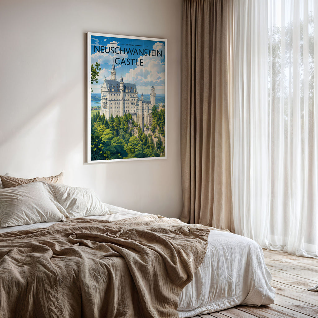 Neuschwanstein Castle Travel Poster framed on a bedroom wall