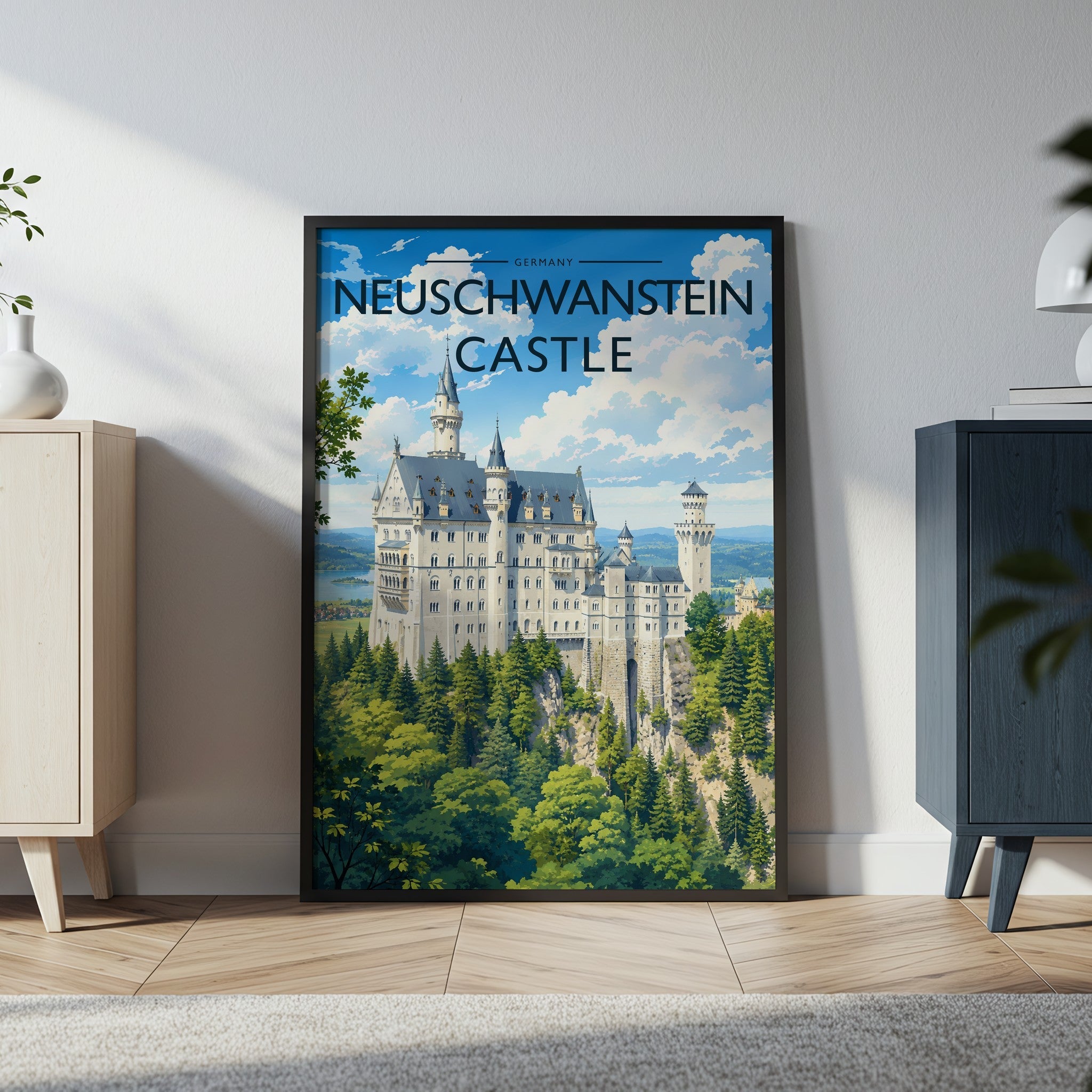 Neuschwanstein Castle Travel Poster in a black frame