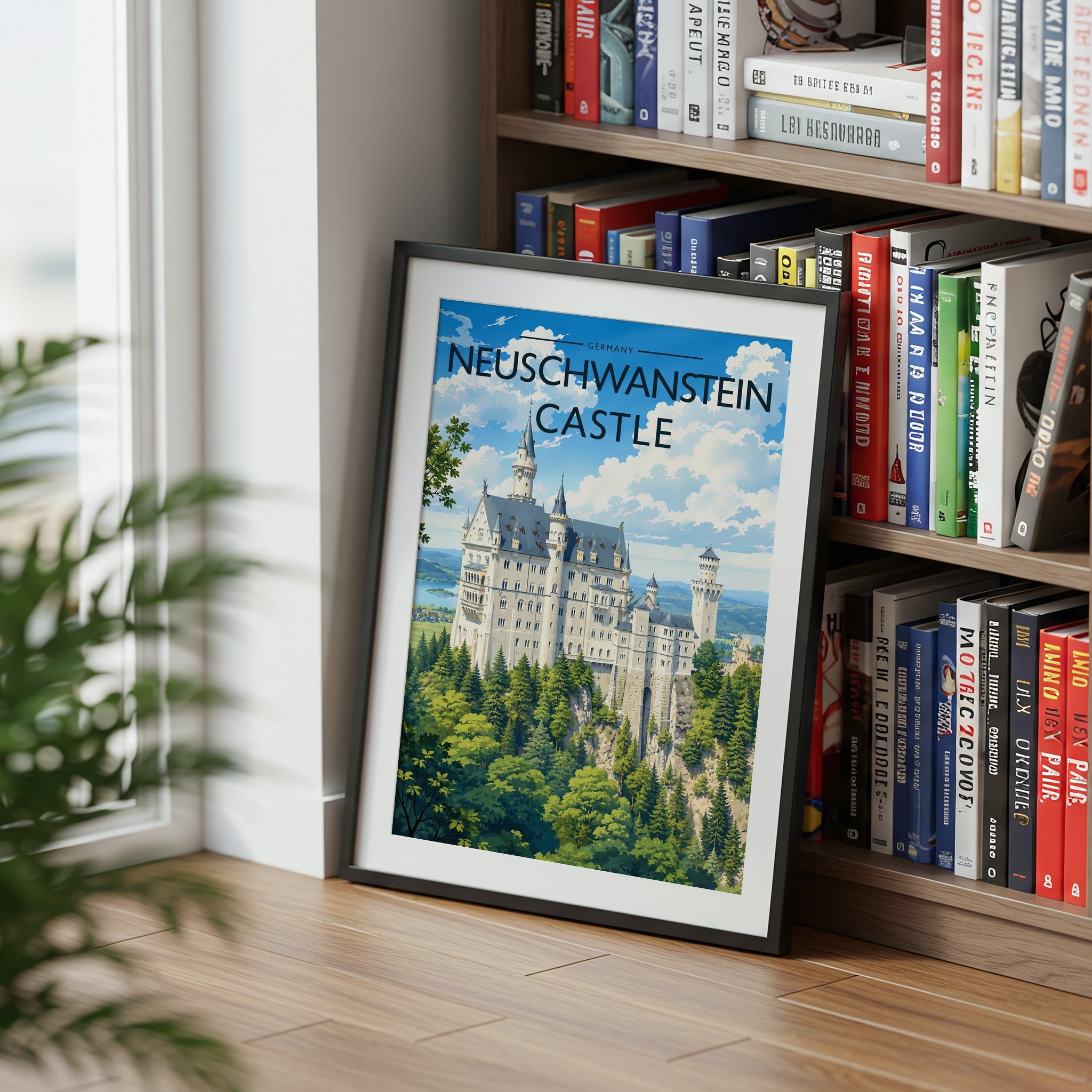 Neuschwanstein Castle Travel Poster mounted in a black frame
