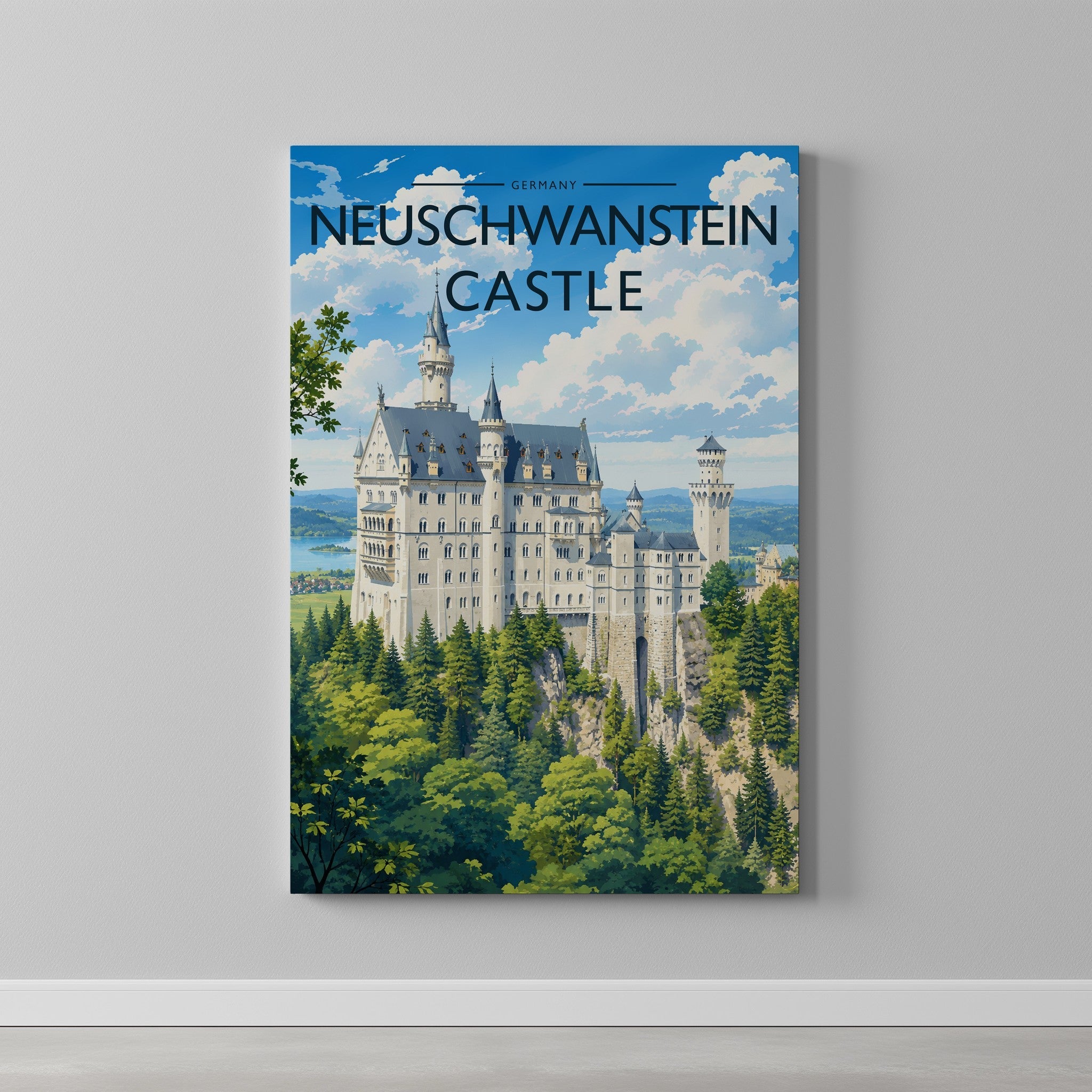 Neuschwanstein Castle Travel Poster as a gallery-wrapped canvas on a plain wall