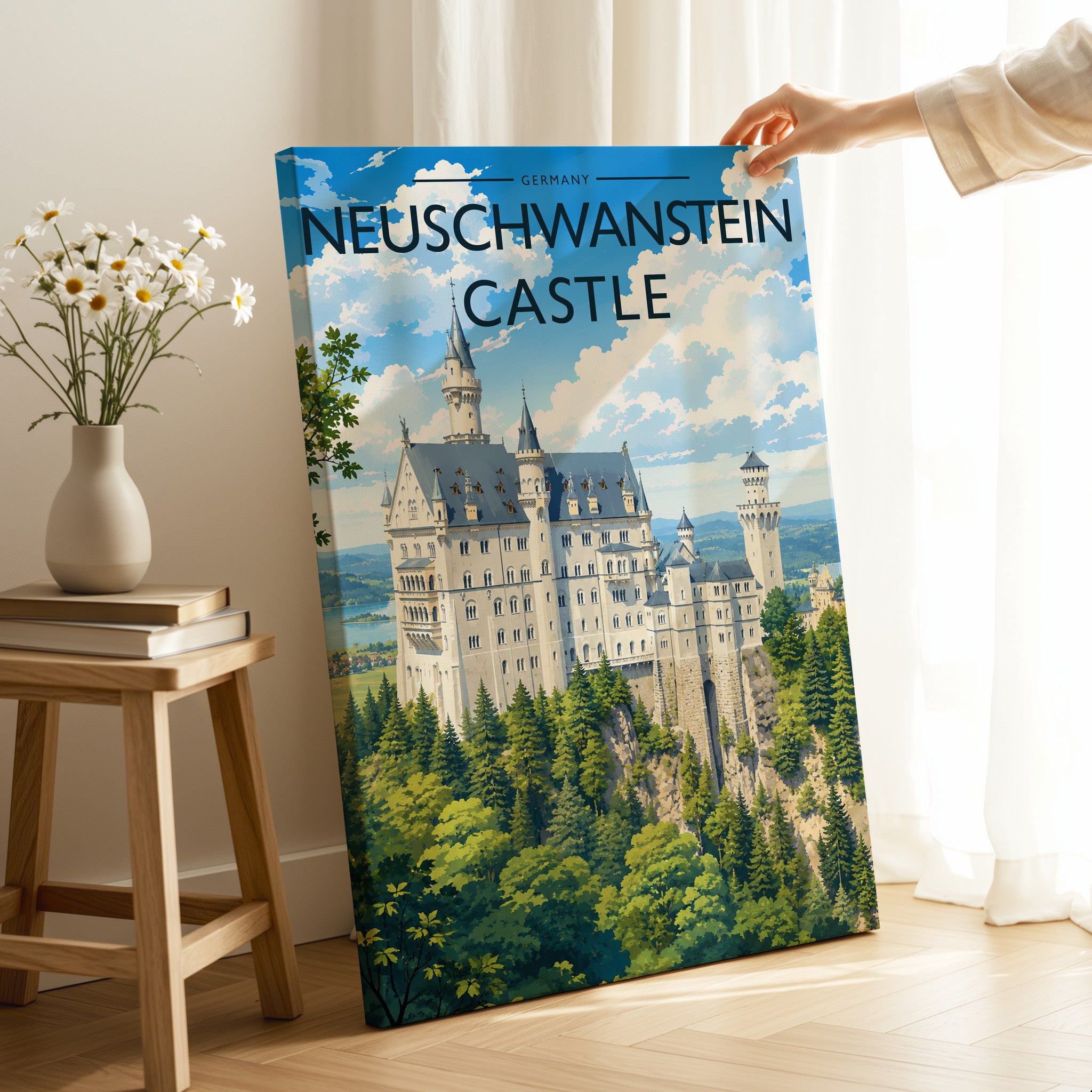 Neuschwanstein Castle Travel Poster as a gallery-wrapped canvas