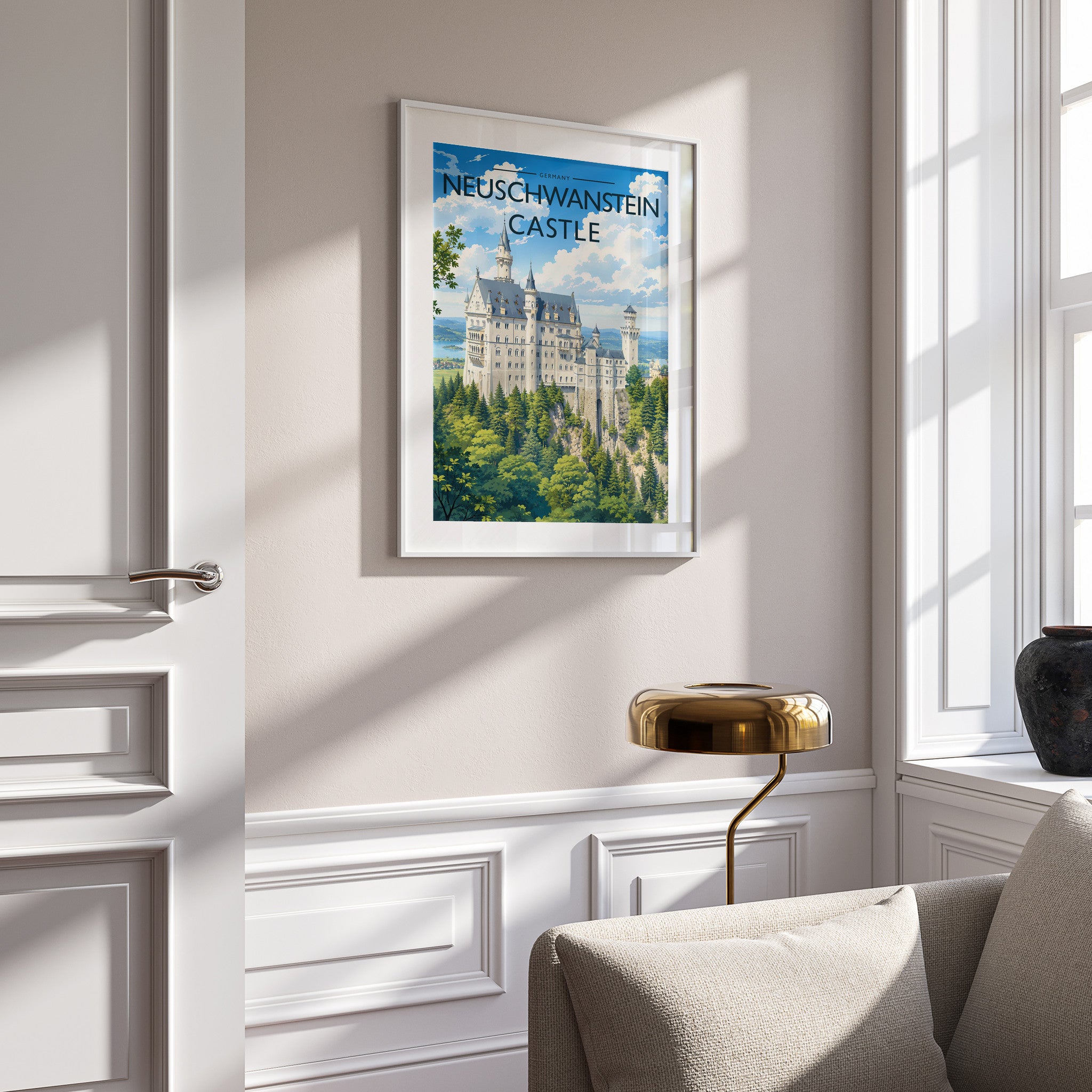 Neuschwanstein Castle Travel Poster in a white frame on a panelled wall