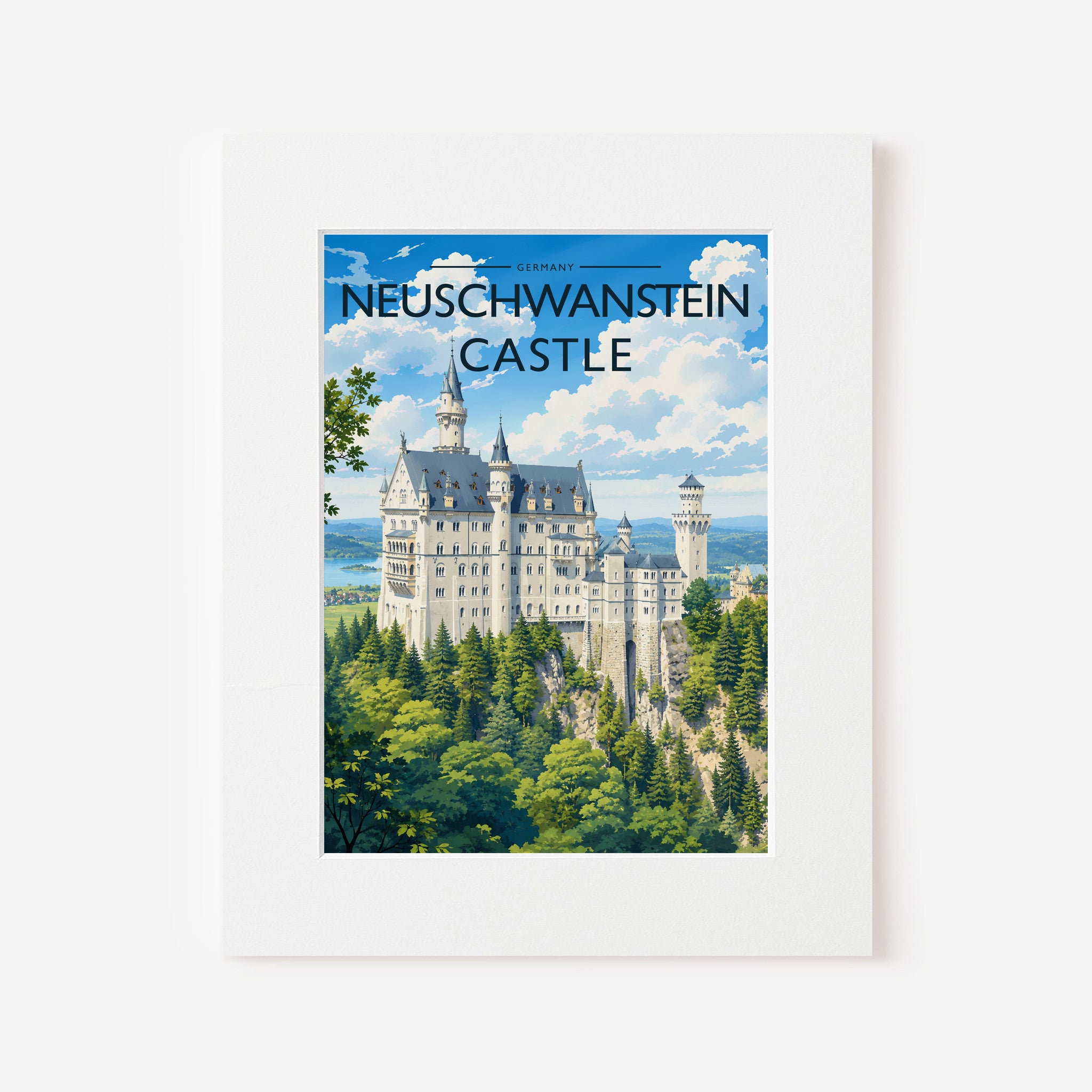 Neuschwanstein Castle Travel Poster in a white mount