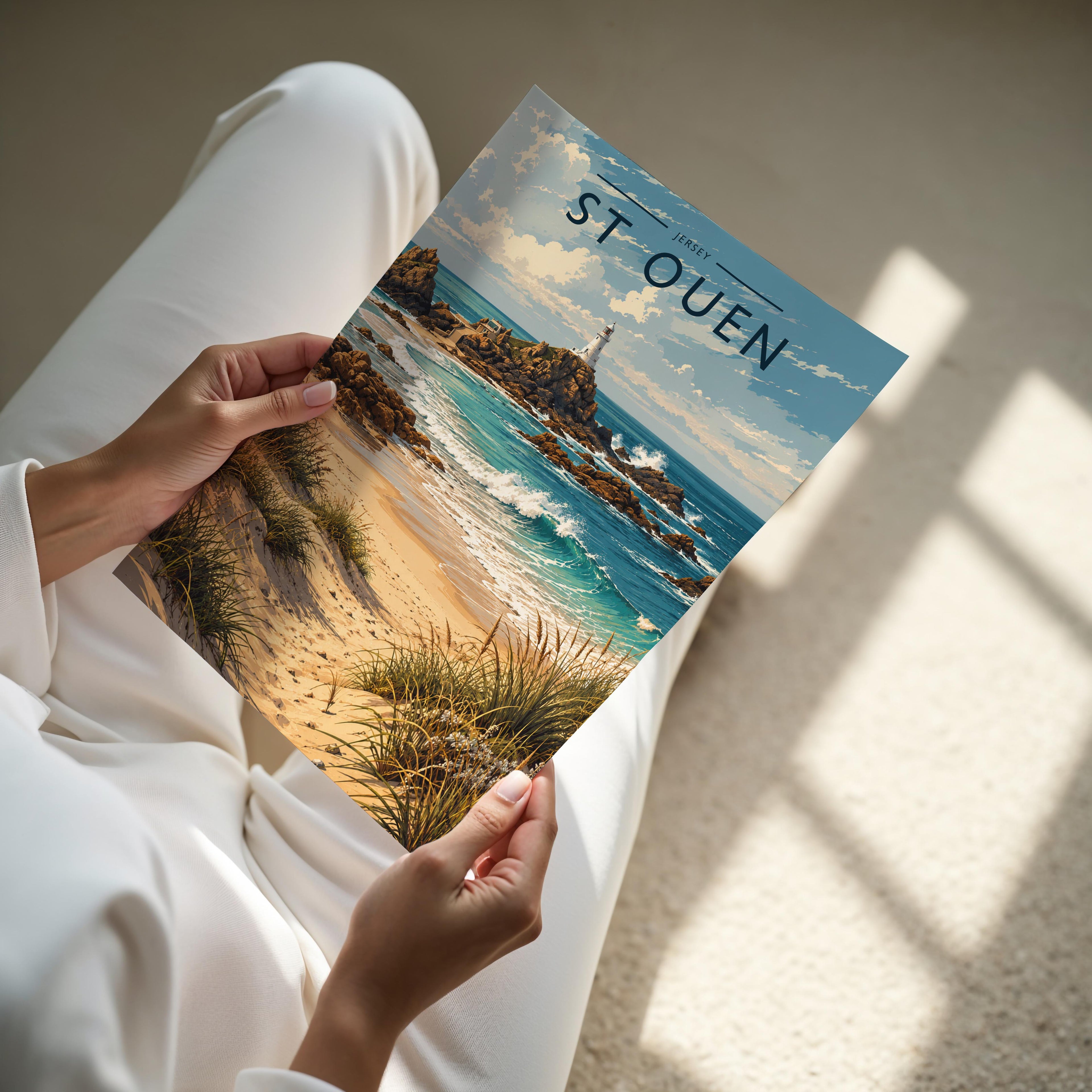 St Ouen Travel Poster - A4 print held in hand