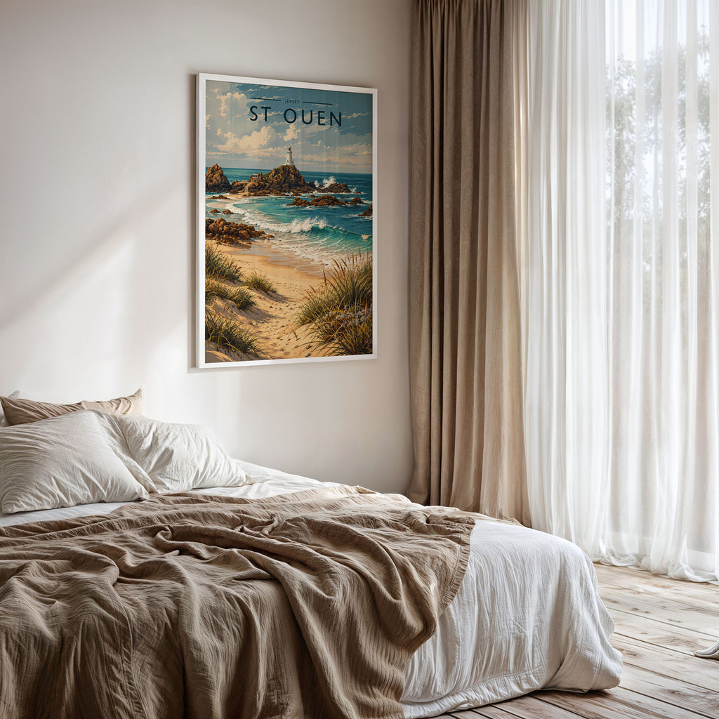 St Ouen Travel Poster framed on a bedroom wall