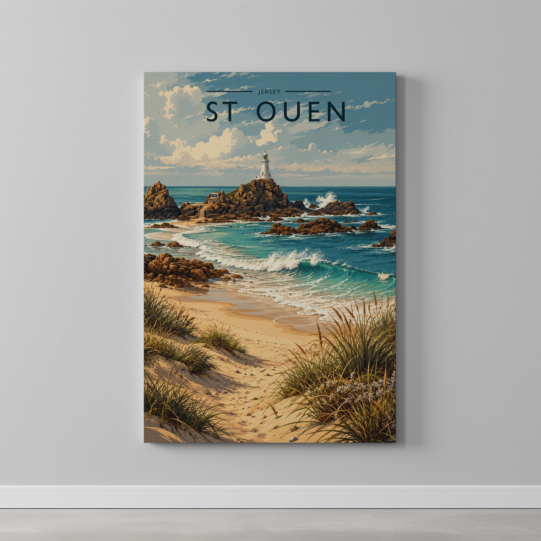 St Ouen Travel Poster as a gallery-wrapped canvas on a plain wall