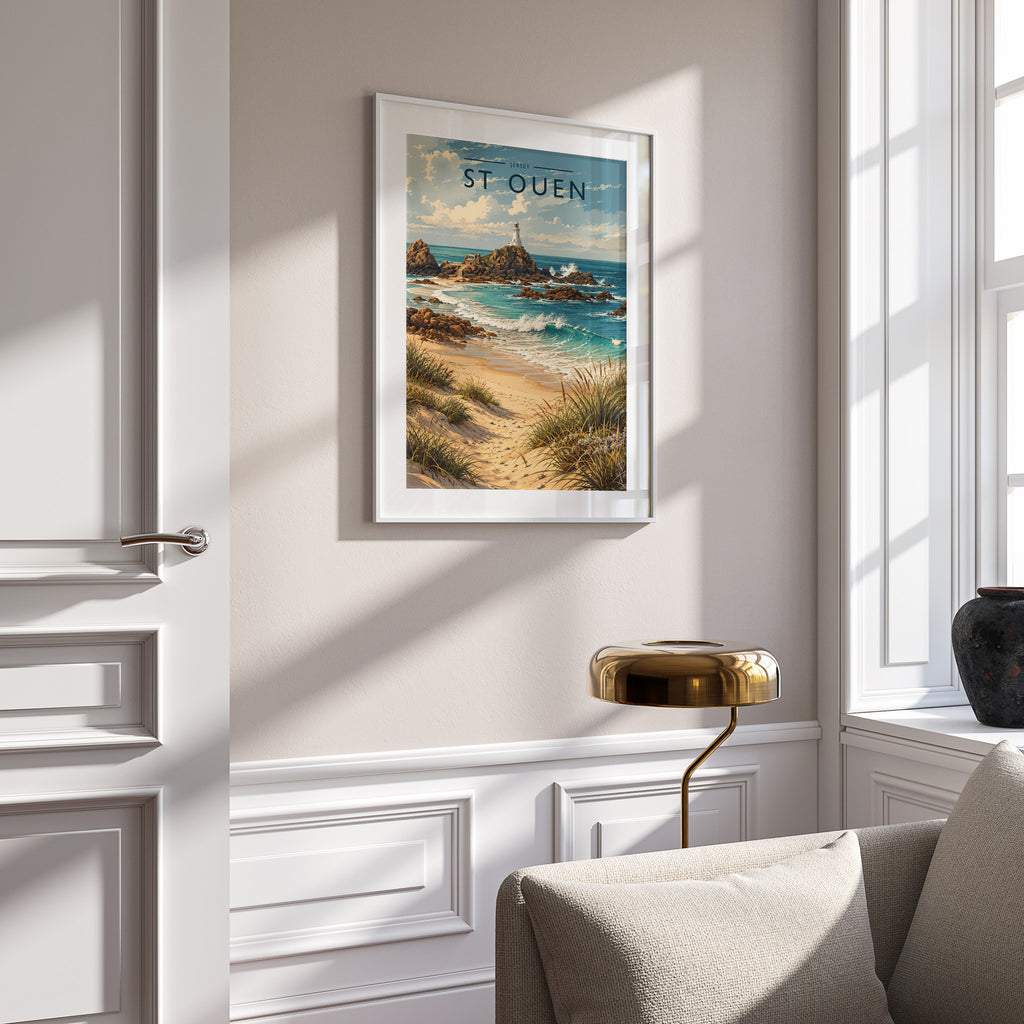 St Ouen Travel Poster in a white frame on a panelled wall