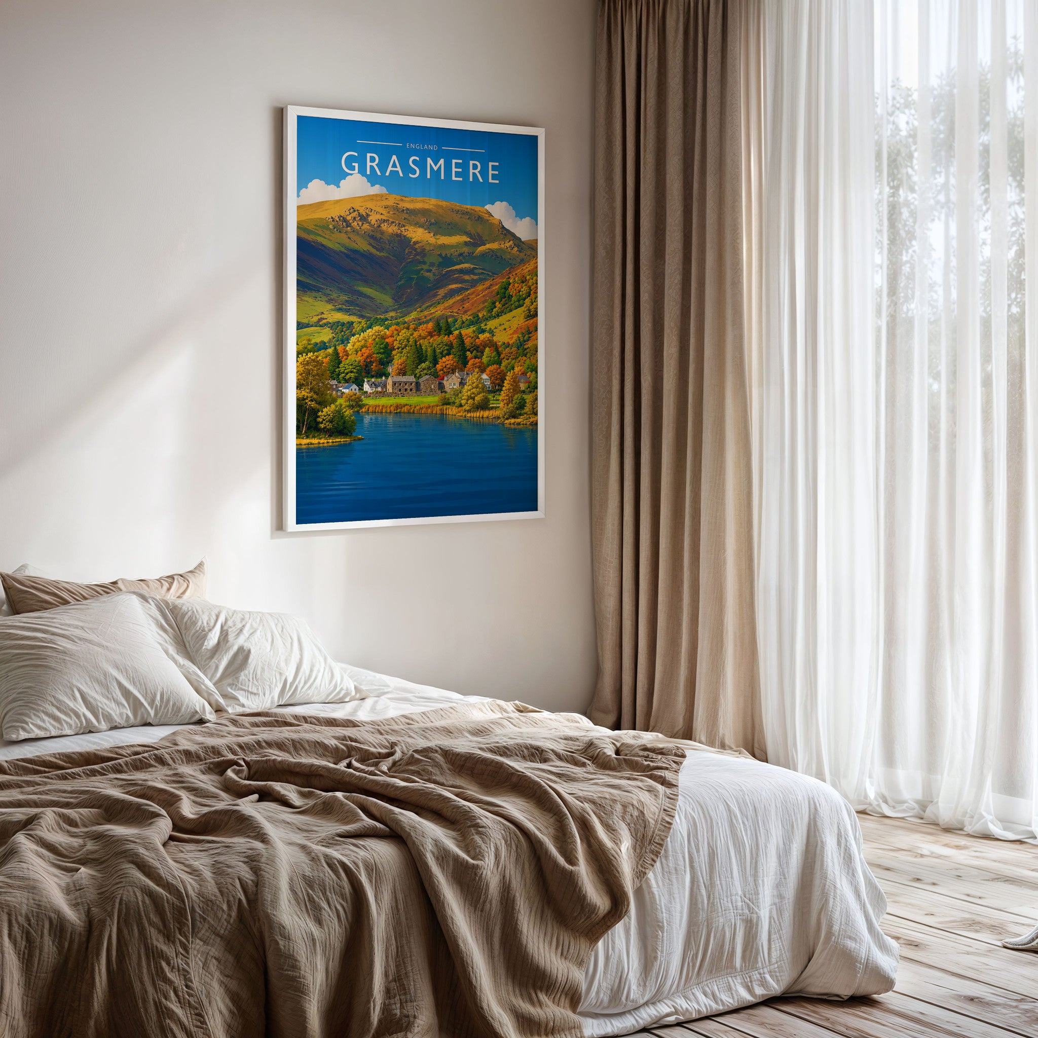 Grasmere #2 Travel Poster framed on a bedroom wall