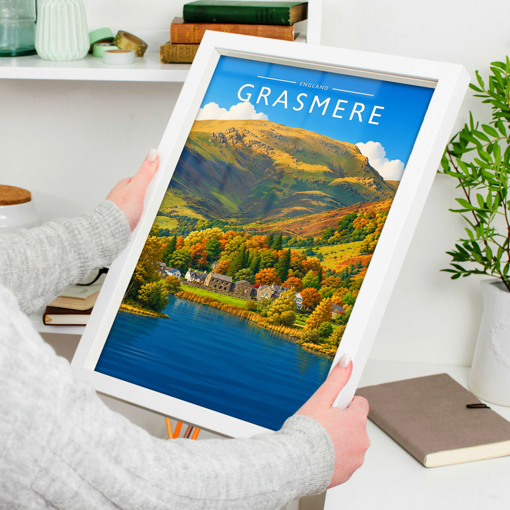 Grasmere #2 Travel Poster in a white frame, held to show scale