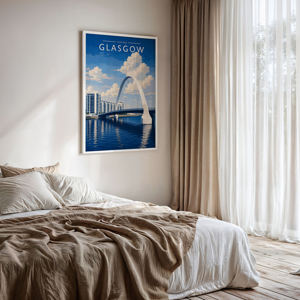 Glasgow #5 Travel Poster framed on a bedroom wall
