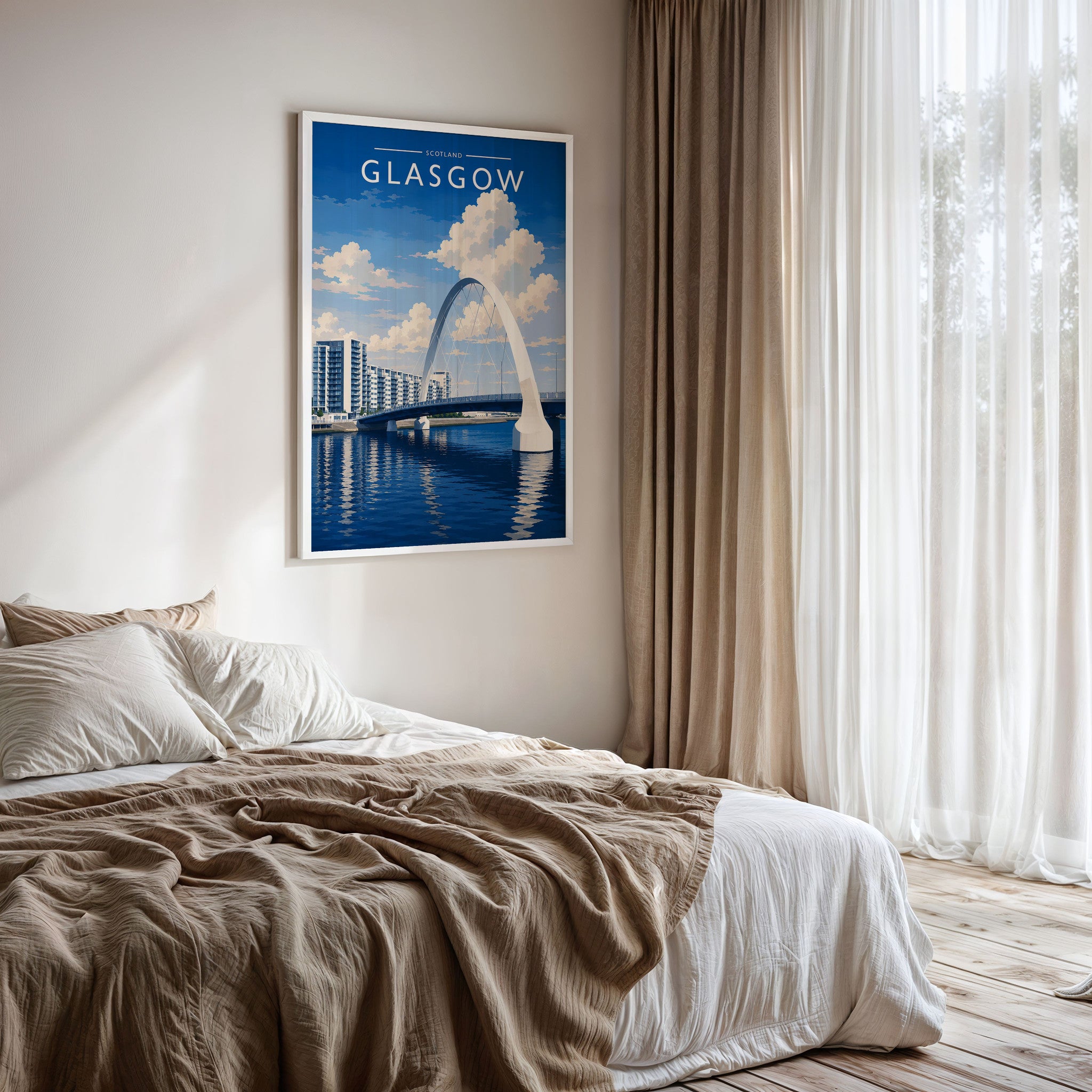 Glasgow #5 Travel Poster framed on a bedroom wall