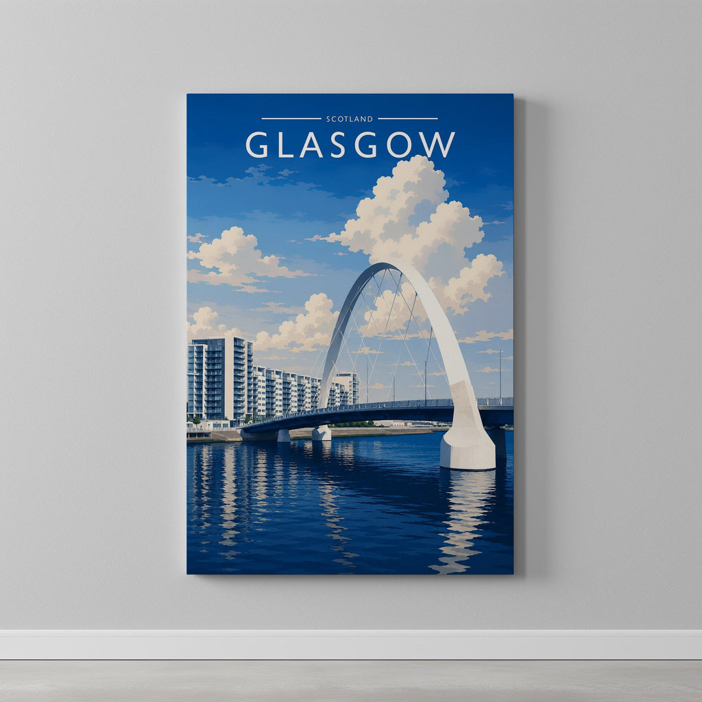 Glasgow #5 Travel Poster as a gallery-wrapped canvas on a plain wall