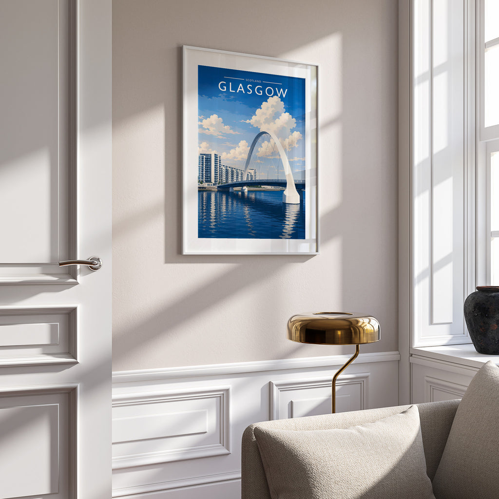 Glasgow #5 Travel Poster in a white frame on a panelled wall