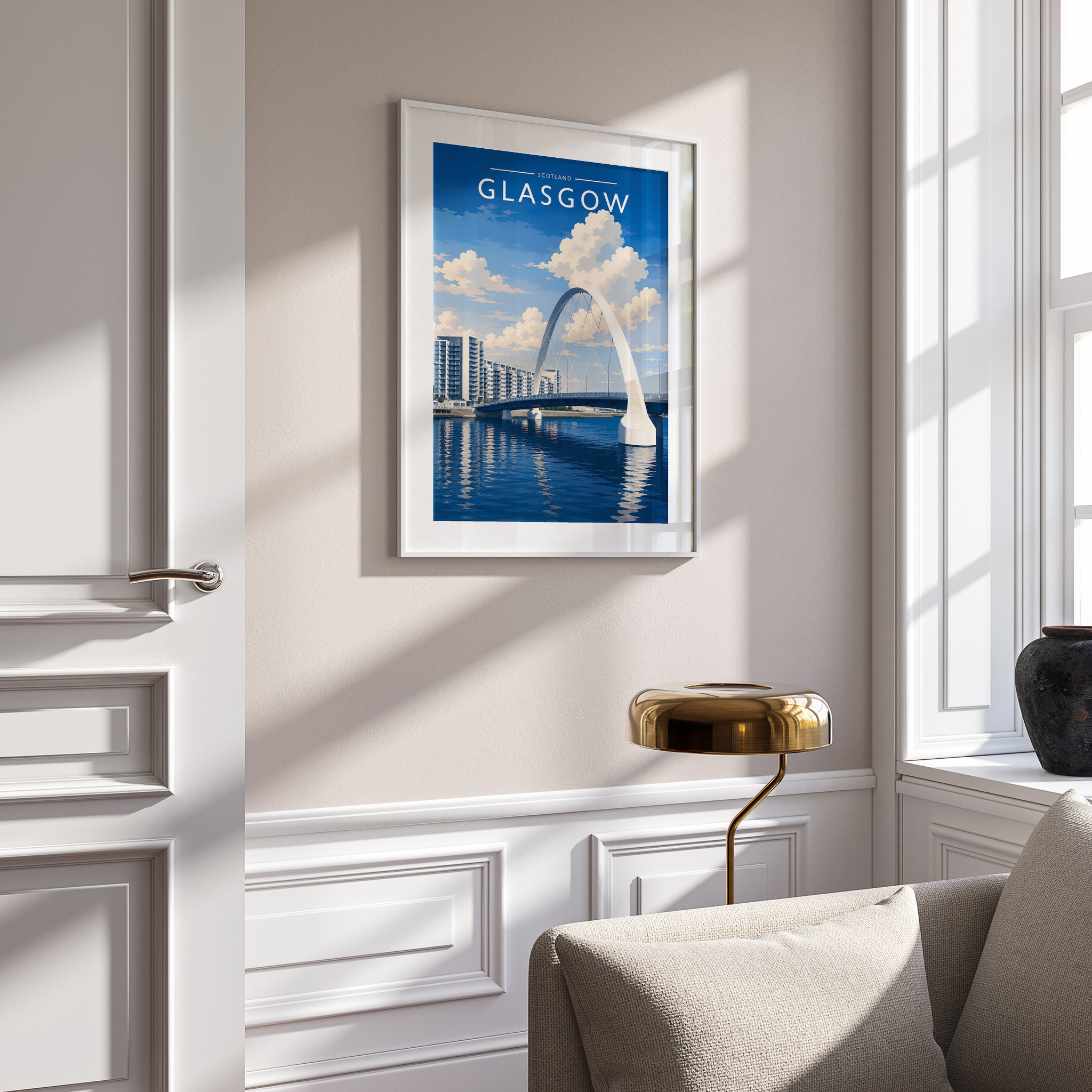 Glasgow #5 Travel Poster in a white frame on a panelled wall