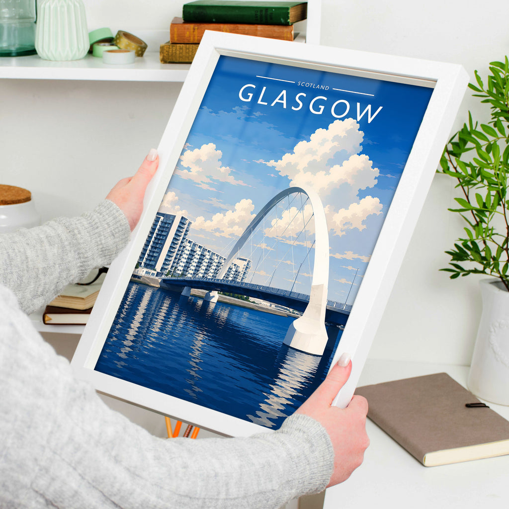 Glasgow #5 Travel Poster in a white frame, held to show scale