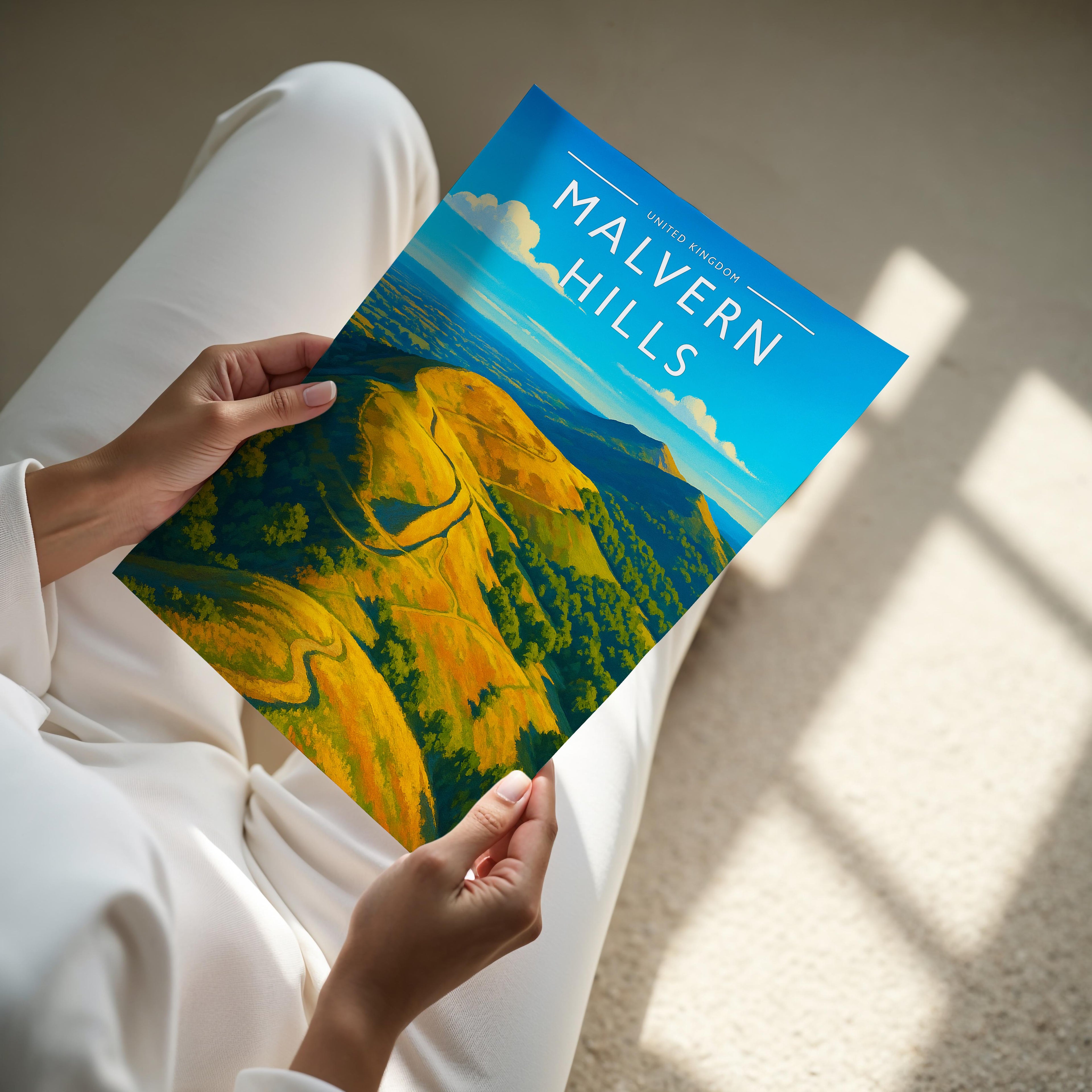 Malvern Hills Travel Poster - A4 print held in hand