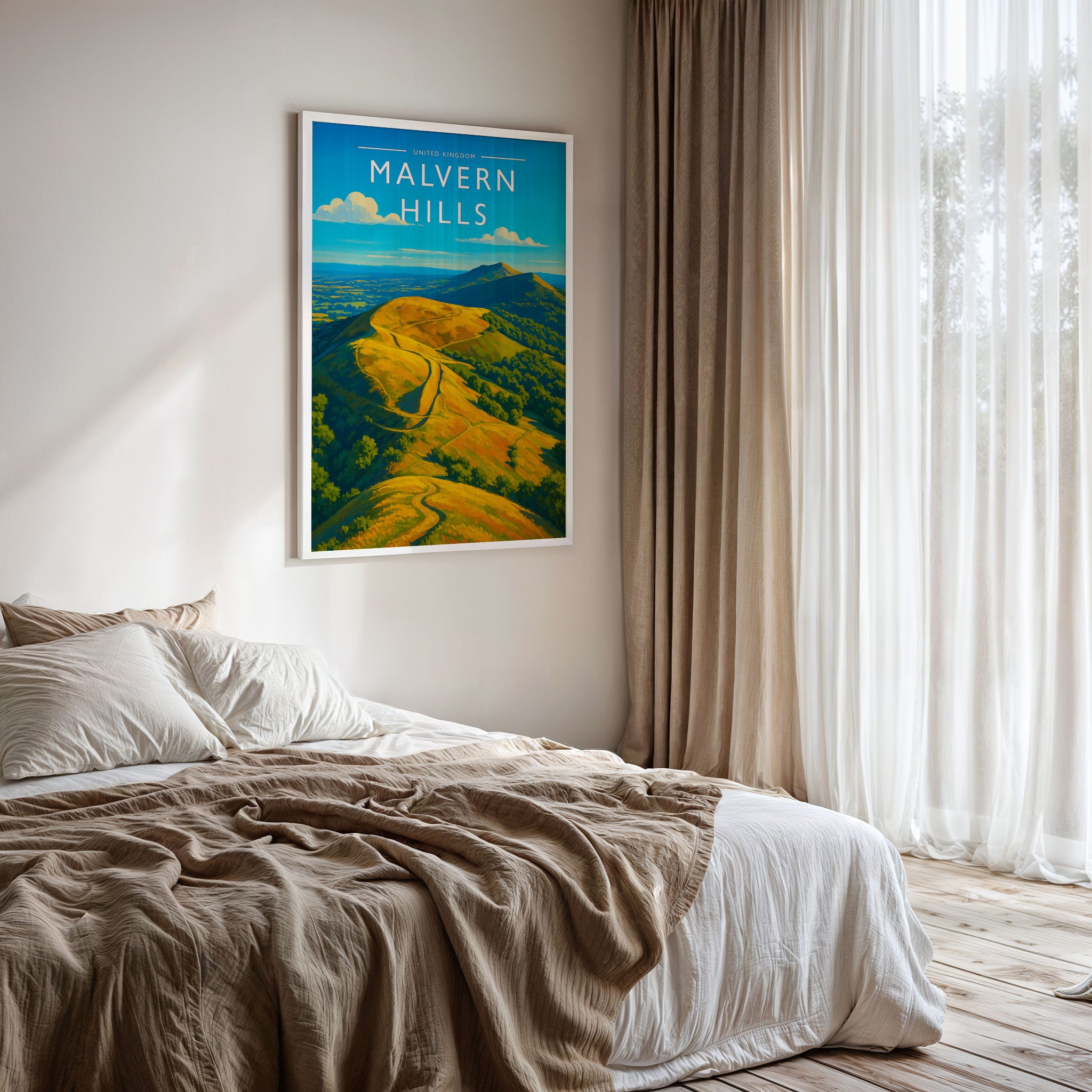 Malvern Hills Travel Poster framed on a bedroom wall