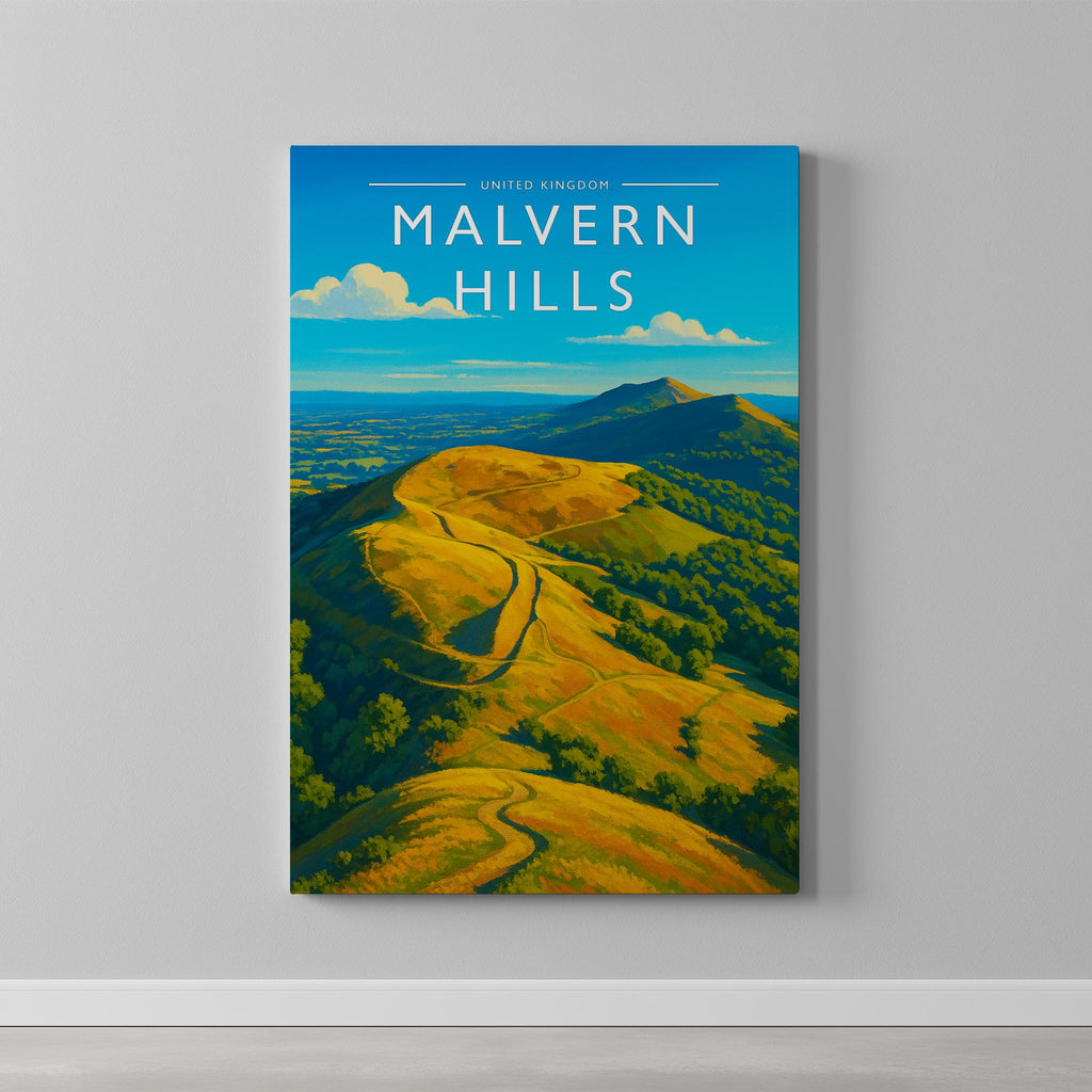 Malvern Hills Travel Poster as a gallery-wrapped canvas on a plain wall