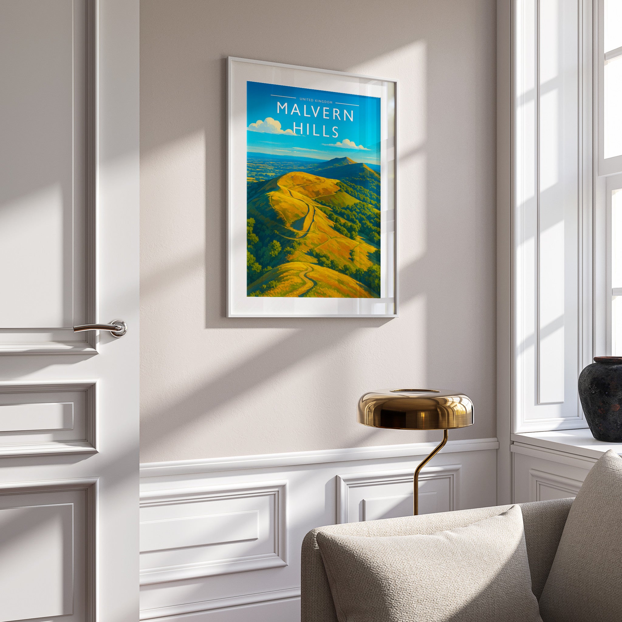 Malvern Hills Travel Poster in a white frame on a panelled wall