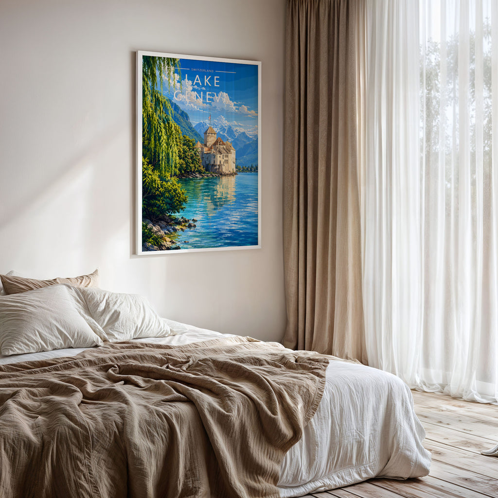 Lake Geneva Travel Poster framed on a bedroom wall